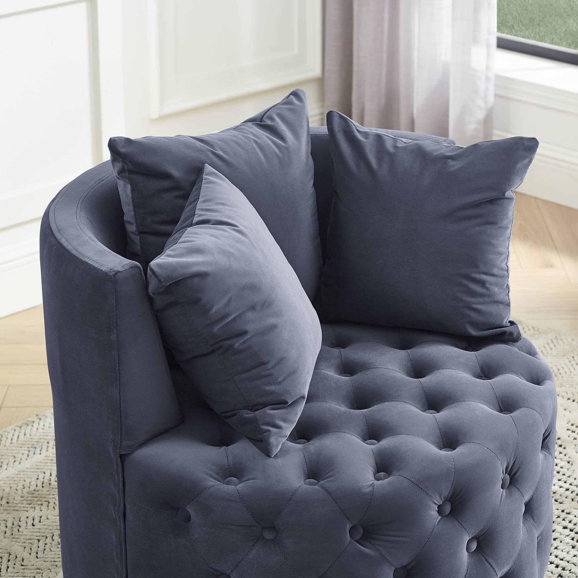 Alt View 1. Trinkets Crazed - Velvet Upholstered Swivel Chair for Living Room, with Button Tufted Design and Movable Wheels, Including 3 Pillows - Grey.