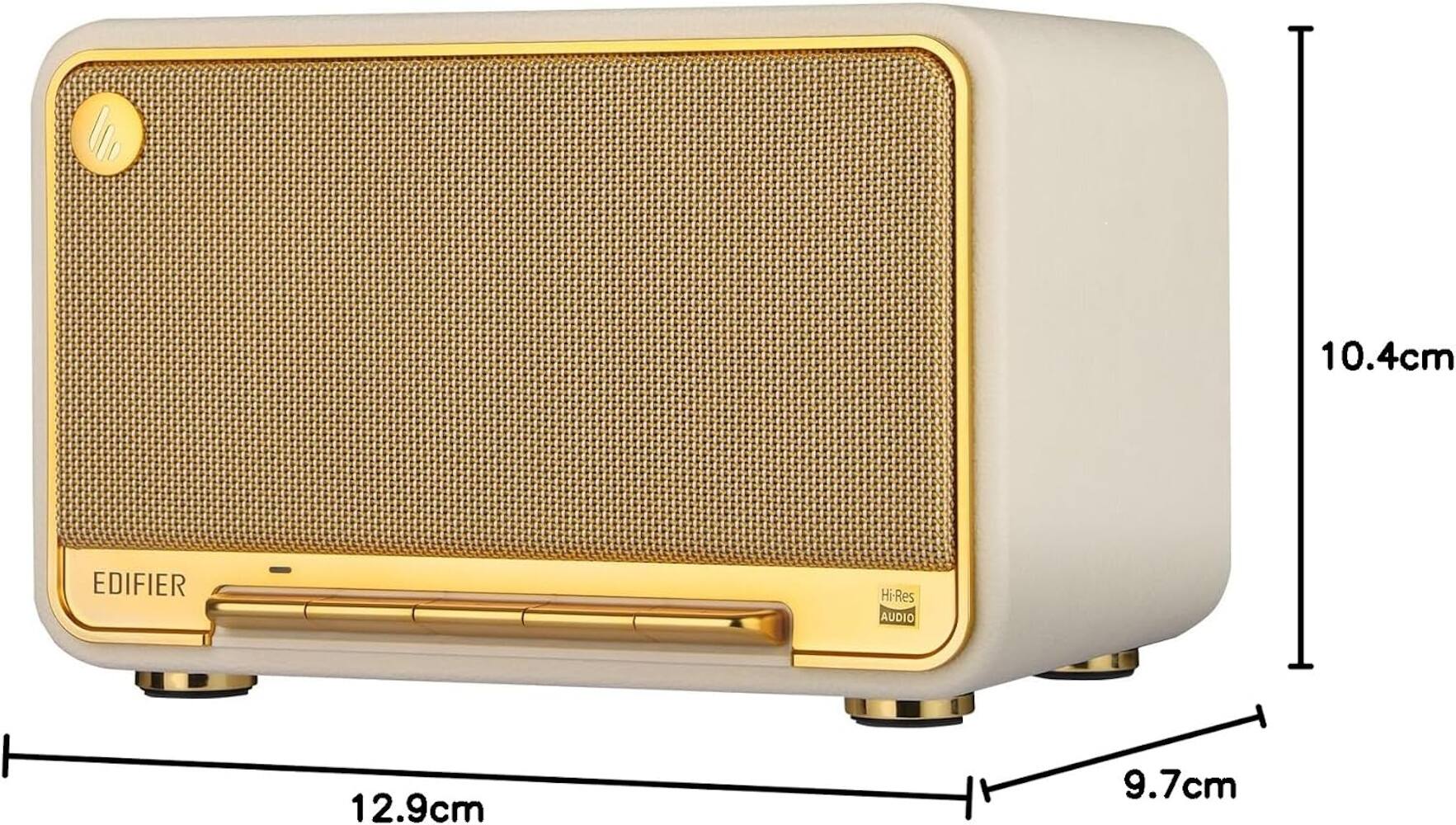 The text on the image reads: "10.4cm EDIFIER Hi-Res AUDIO 12.9cm 9.7cm." This text is grouped and corrected as follows: "Edifier Hi-Res Audio 10.4cm 12.9cm 9.7cm."