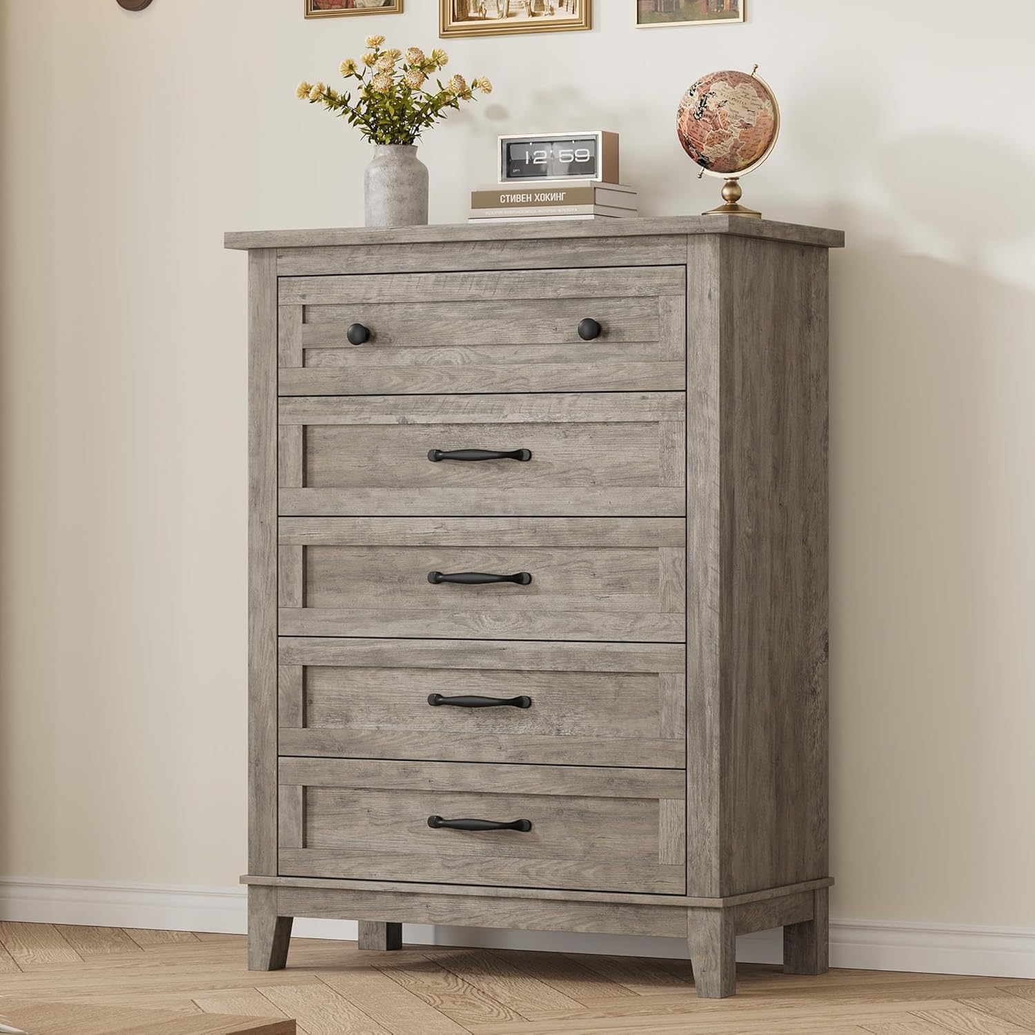 Front. Babevy - 5 Drawer Dresser for Bedroom, Drawer Dresser with Large Storage, Freestanding Wooden Closet Chest for Living Room - Gray.