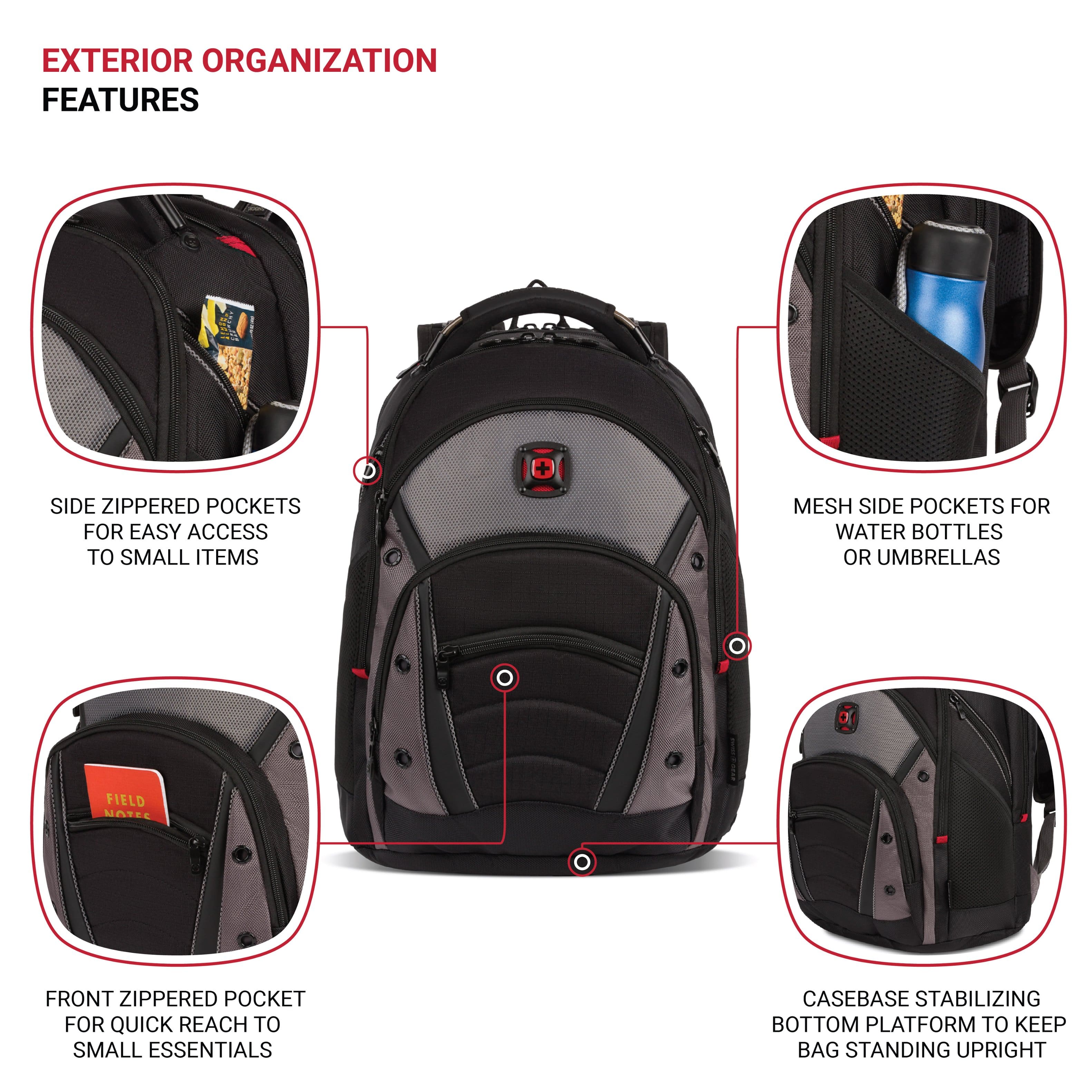 The image shows an exterior organization features of a backpack, which includes side zippered pockets for easy access, small items mesh side pockets for water bottles or umbrellas, a front zippered pocket for quick reach to small essentials, and a casebase stabilizing bottom platform to keep the bag standing upright.