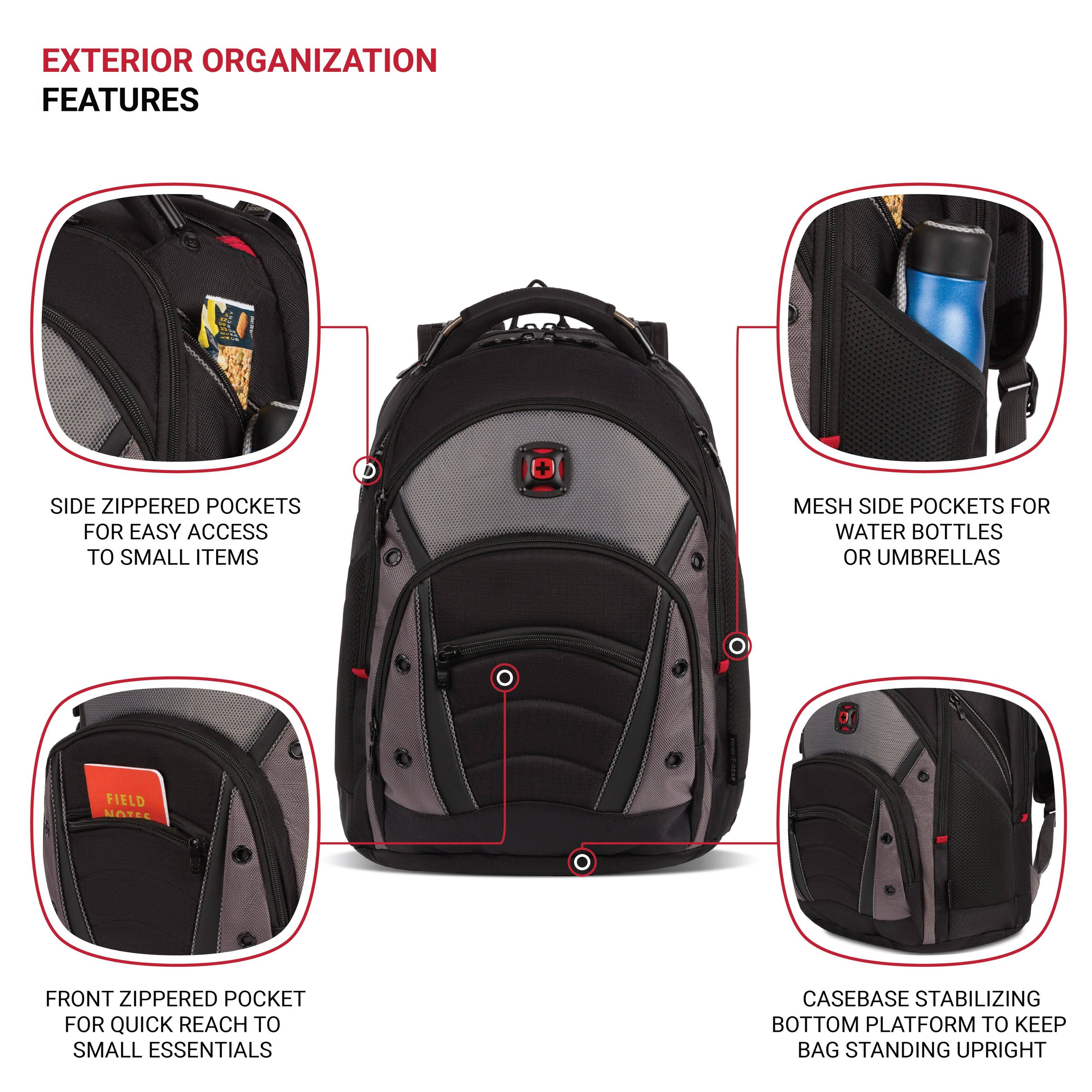The image shows an exterior organization features of a backpack, which includes side zippered pockets for easy access, small items mesh side pockets for water bottles or umbrellas, a front zippered pocket for quick reach to small essentials, and a casebase stabilizing bottom platform to keep the bag standing upright.