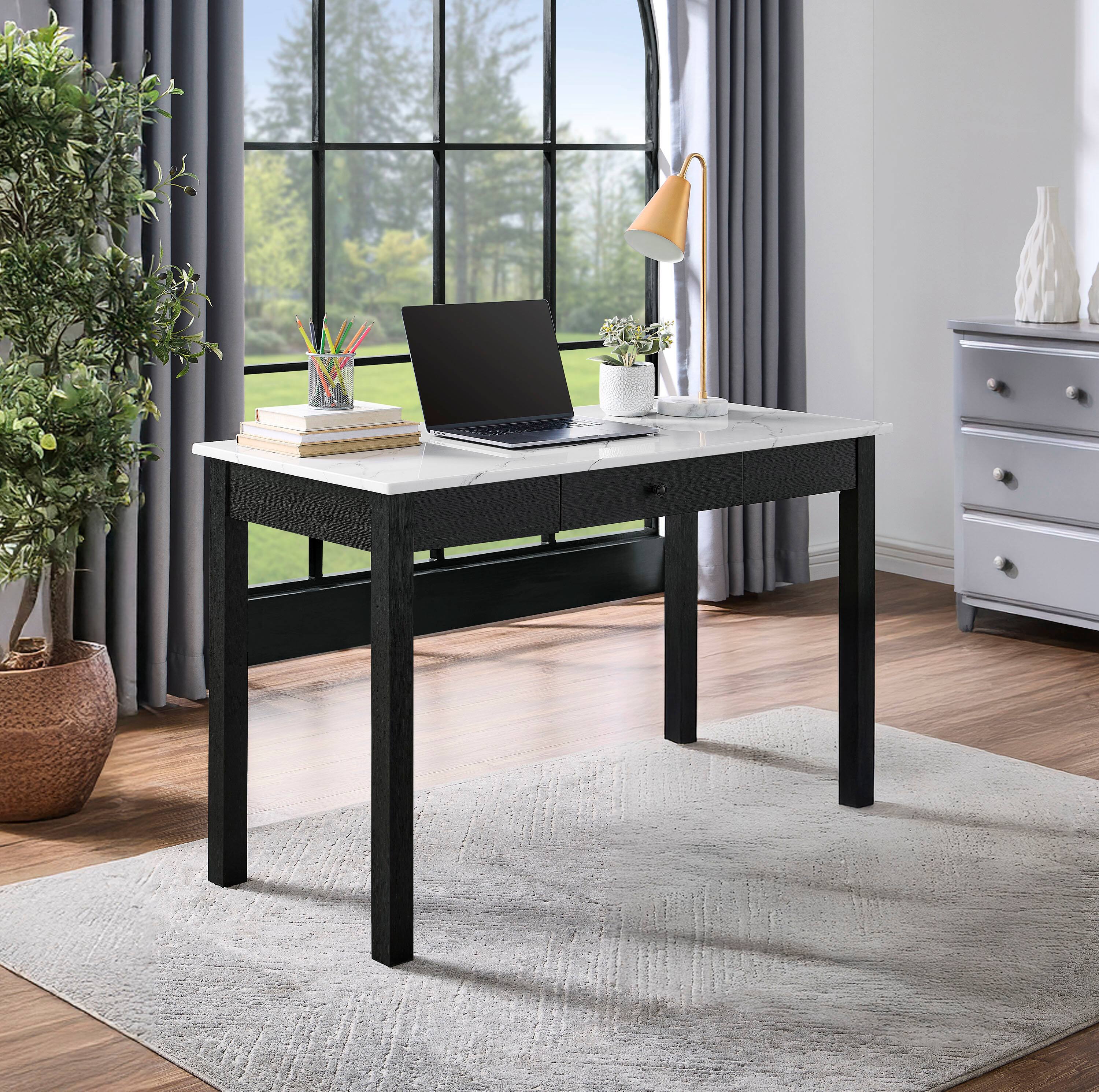 Angle. Spaco - Modern Faux Marble Desk, Black Base, Storage Drawer, Home Office - Black,White.