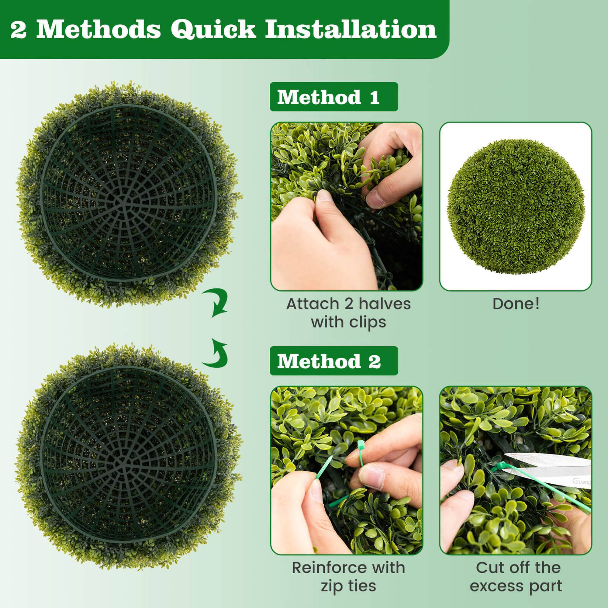 2 Methods Quick Installation

Method 1
- Attach 2 halves with clips
- Done!

Method 2
- Reinforce with zip ties
- Cut off the excess part
