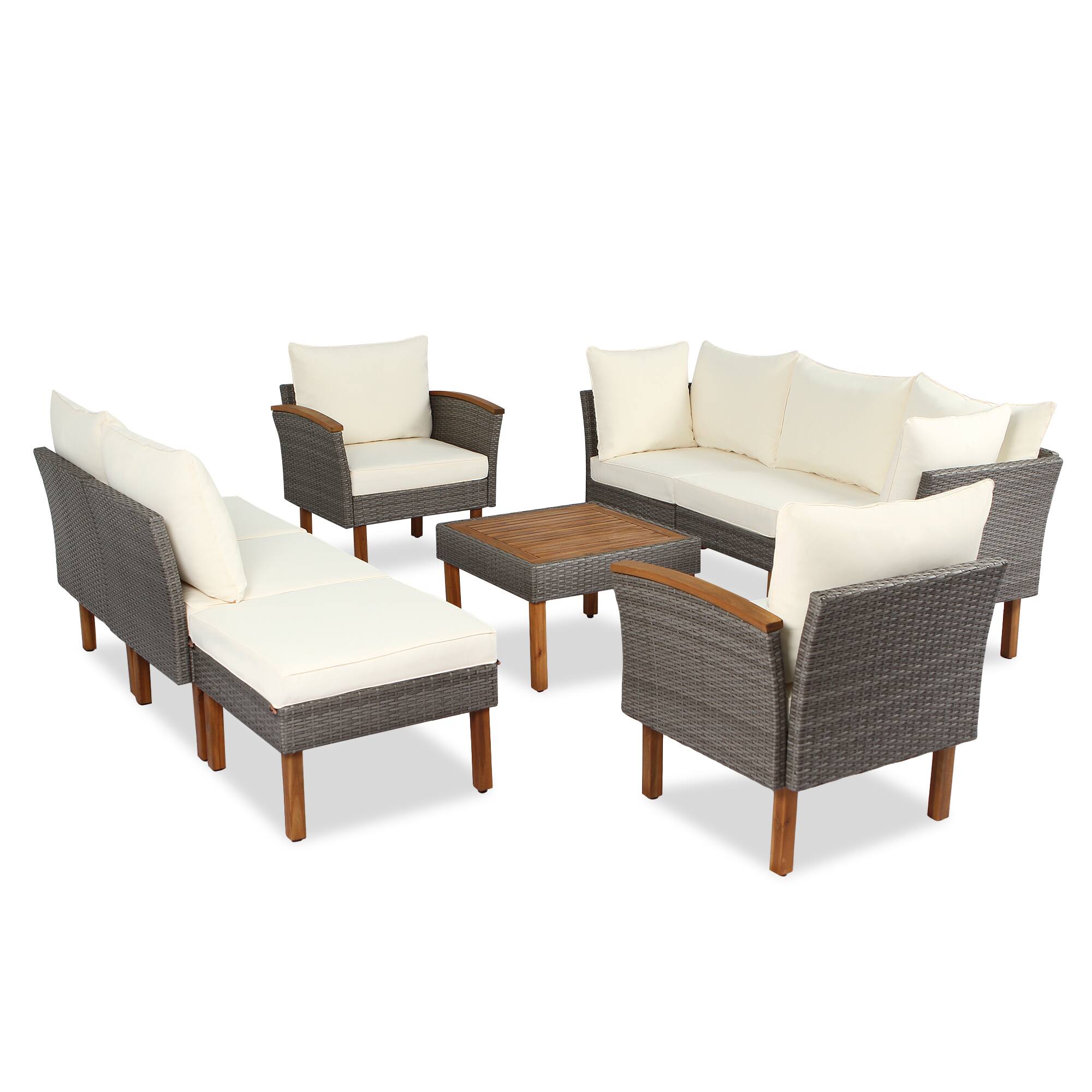 Alt View 1. APRILSOUL - GO 9-Piece Patio Rattan Furniture Set Outdoor With Acacia Wood Legs and Tabletop Beige - Beige.