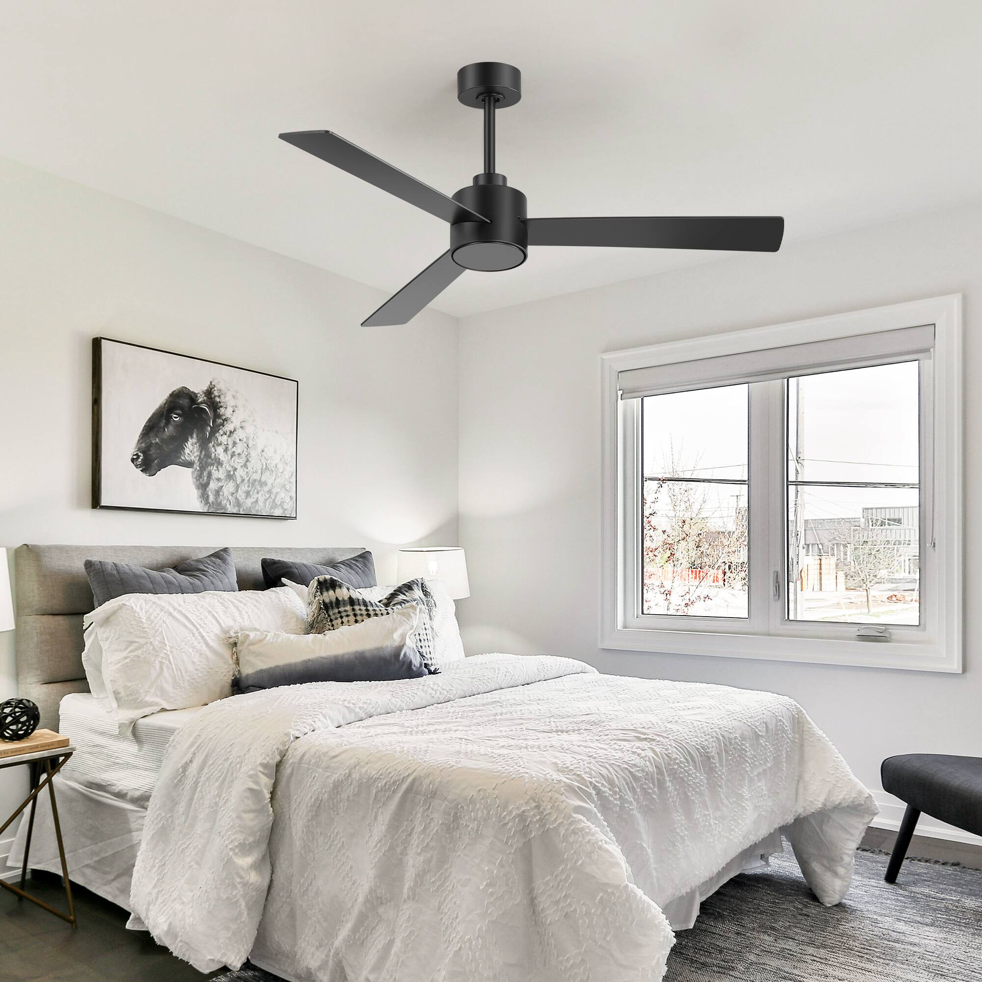 Alt View 8. Breezary - 52" Indoor Ceiling Fan, 3 Plywood Blades, 6-Speed DC Motor, Remote & Timer, 5" & 10" Downrods, LED Light/No Light Option - Matte Black (Without Light).