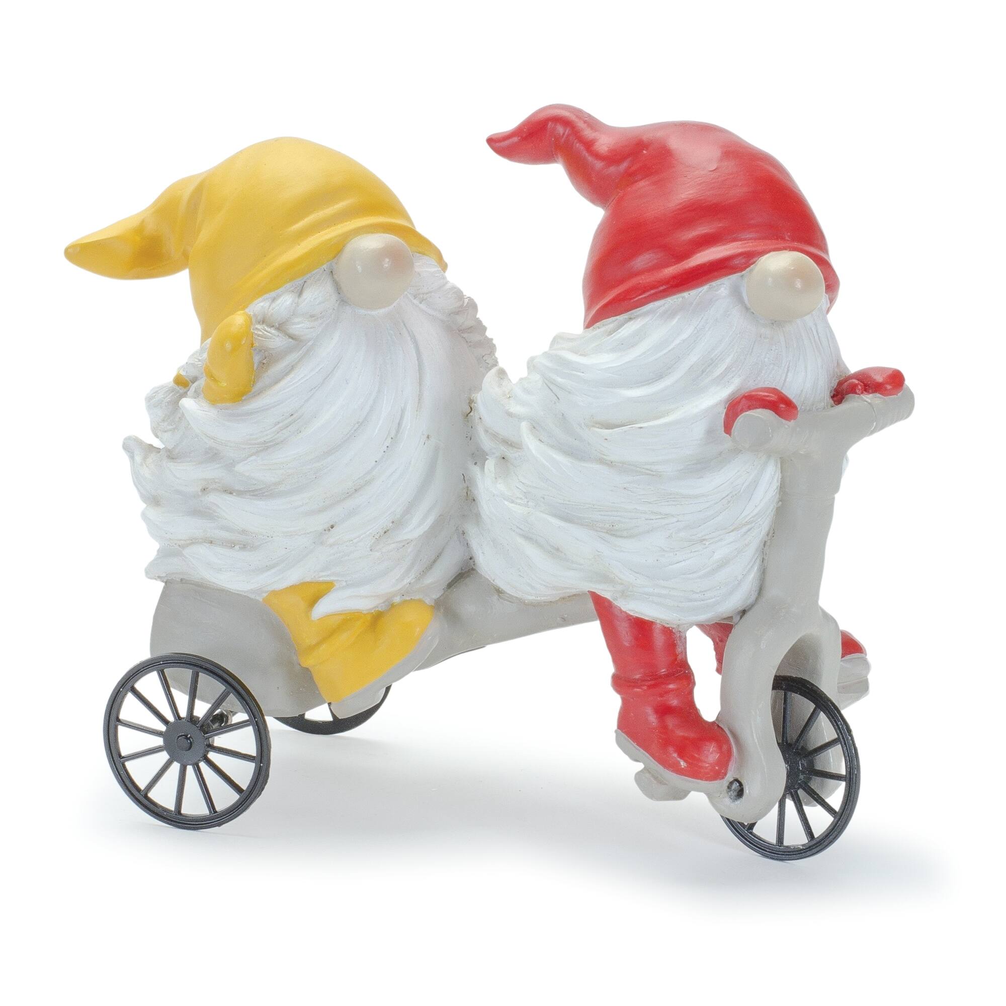 Left. BreeBe - Whimsical Garden Gnome Figurine Riding a Scooter and Wheelbarrow (Set of 4) - Multicolor.