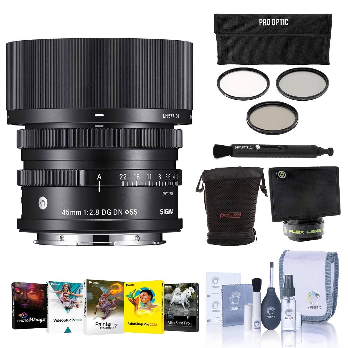 PRO OPTIC LH577-01  
PRO OPTIC A  
22 16 11 8 5.6  
99912275  
45mm 1:2.8 DG DN Ø55  
SIGMA  
OPITECH USA  
FLEX LENS  
PhotoMirage  
VideoStudio 2020  
Painter essentials - PaintShop Pro 2022  
AfterShot Pro