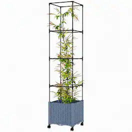 RYHNUYNE - Mobile Raised Garden Bed with Adjustable Trellis, Self-Watering Planter on Lockable Wheels for Tomatoes, Peas - Gray