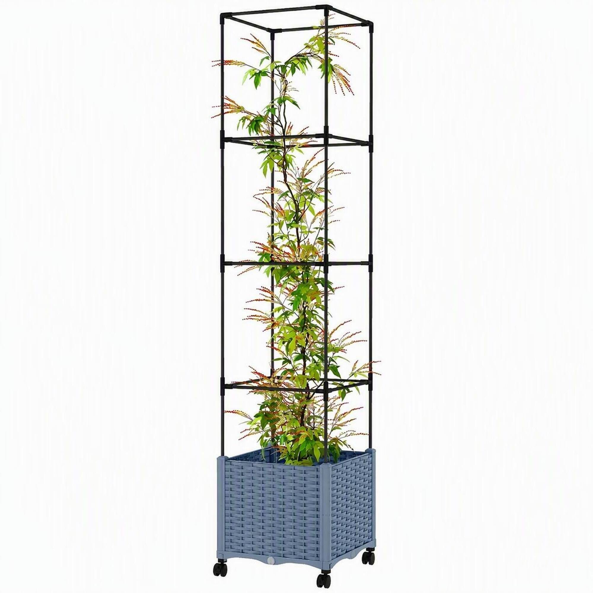 Front. RYHNUYNE - Mobile Raised Garden Bed with Adjustable Trellis, Self-Watering Planter on Lockable Wheels for Tomatoes, Peas - Gray.
