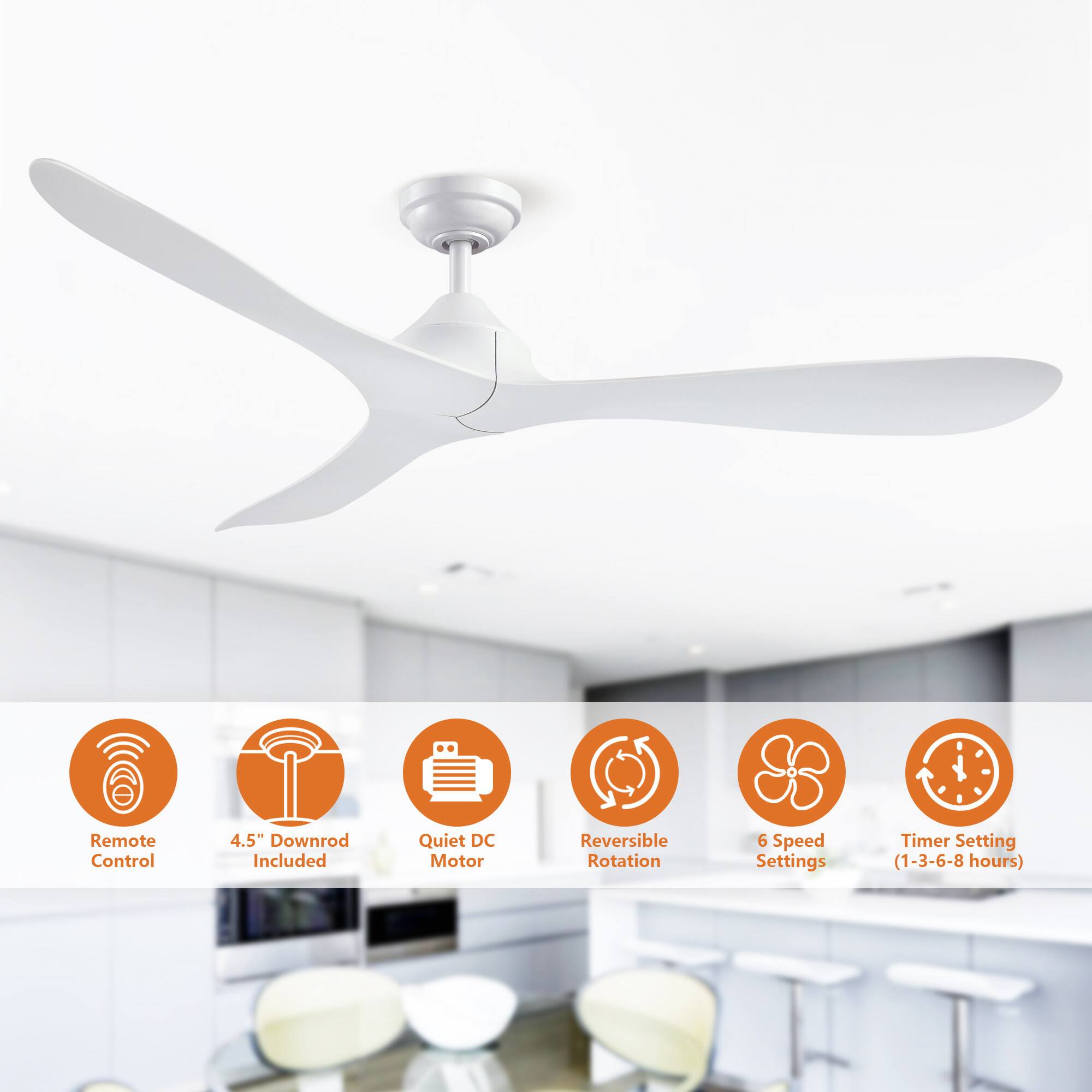 Remote Control  
4.5" Downrod Included  
Quiet DC Motor  
Reversible Rotation  
6 Speed Settings  
Timer Setting (1-3-6-8 hours)