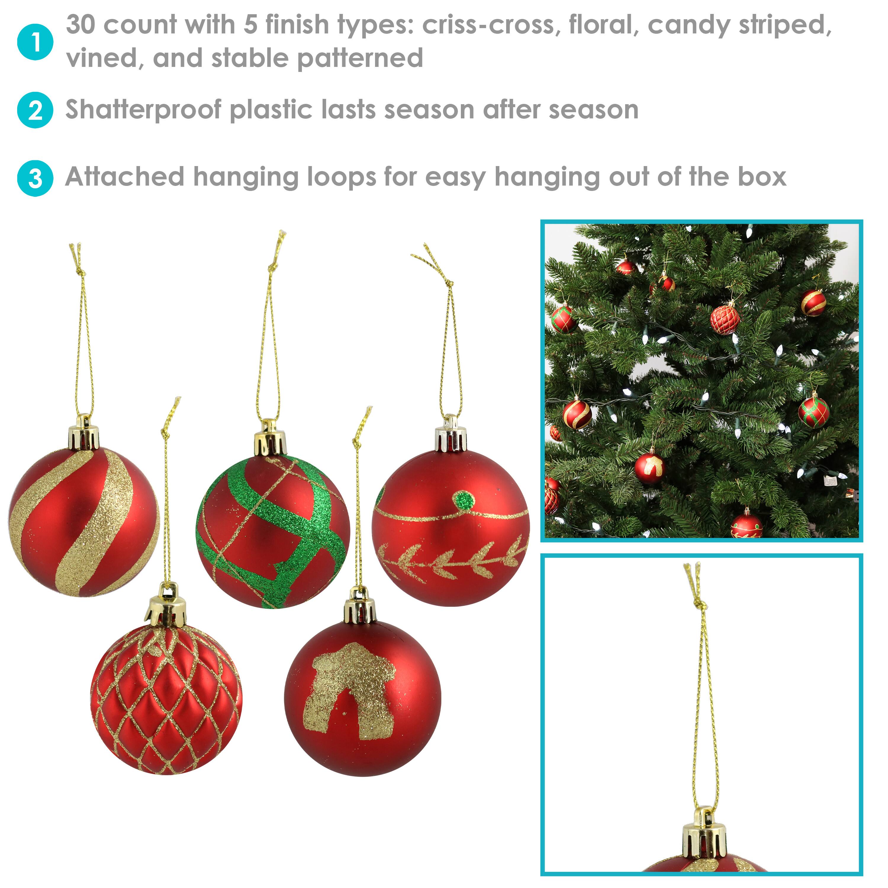 1. 30 count with 5 finish types: criss-cross, floral, candy striped, vined, and stable patterned  
2. Shatterproof plastic lasts season after season  
3. Attached hanging loops for easy hanging out of the box