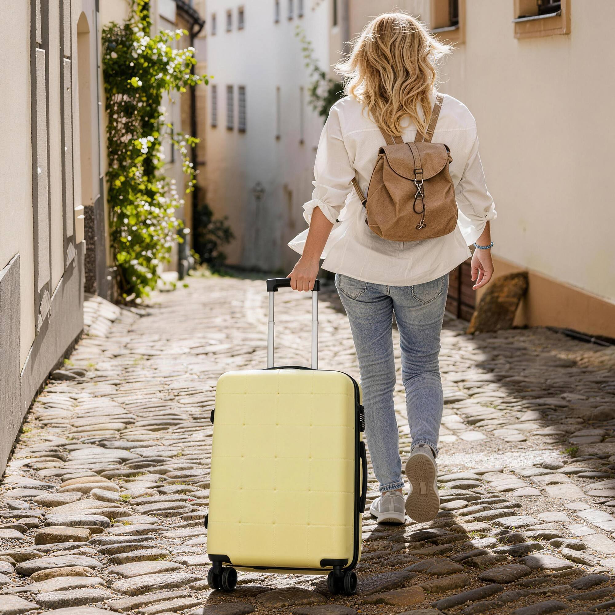 Alt View 1. Ecooso - 5-Piece ABS Luggage Set with Bags, Half-Open 20" USB Carry-On, Expandable 24"/28", TSA Lock, Wheels - Yellow.