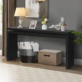 Loheer - 60 inch console table, double board suspension farmhouse entryway table with open storage - Black