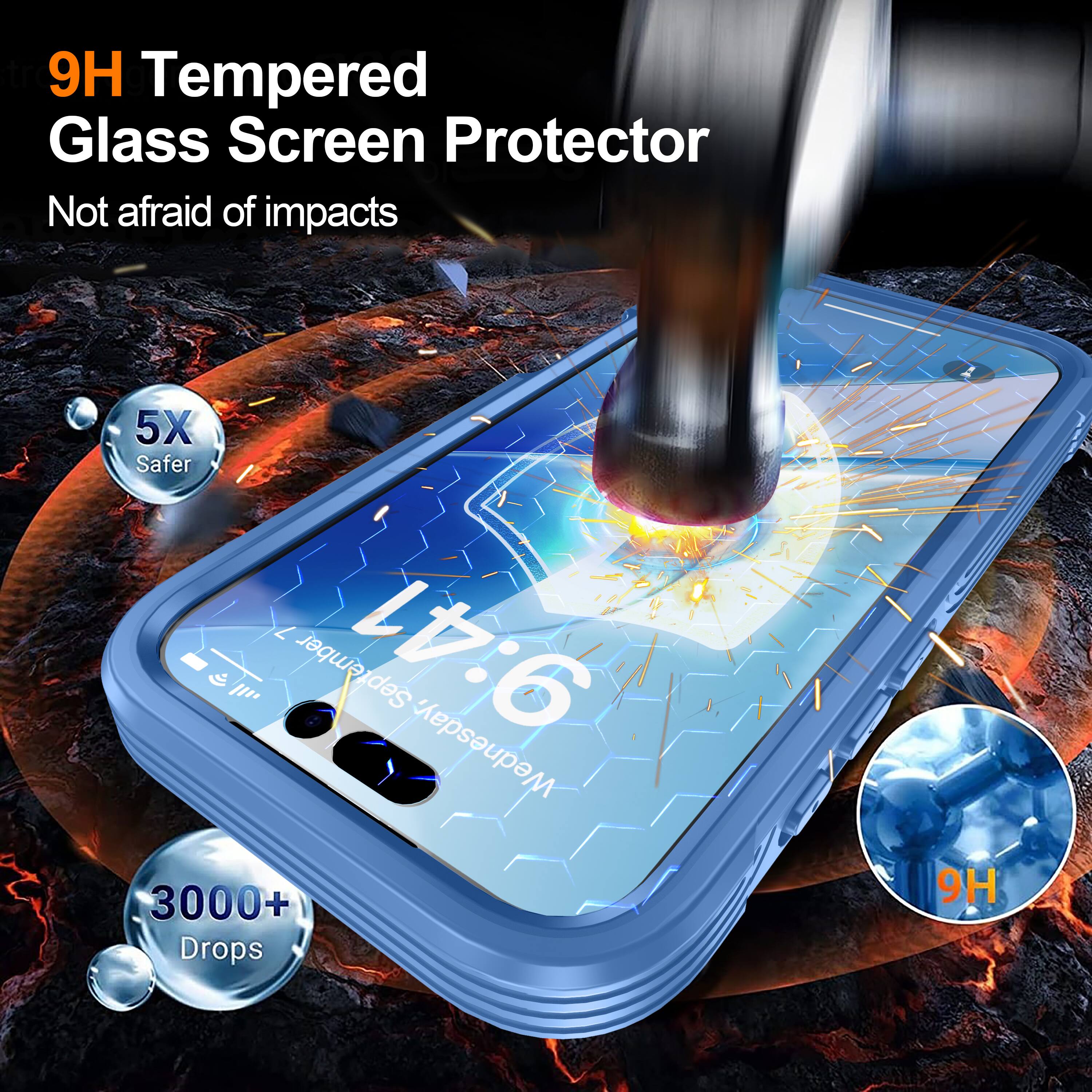 9H Tempered Glass Screen Protector  
Not afraid of impacts  
5X Safer  
3000+ Drops  
9H