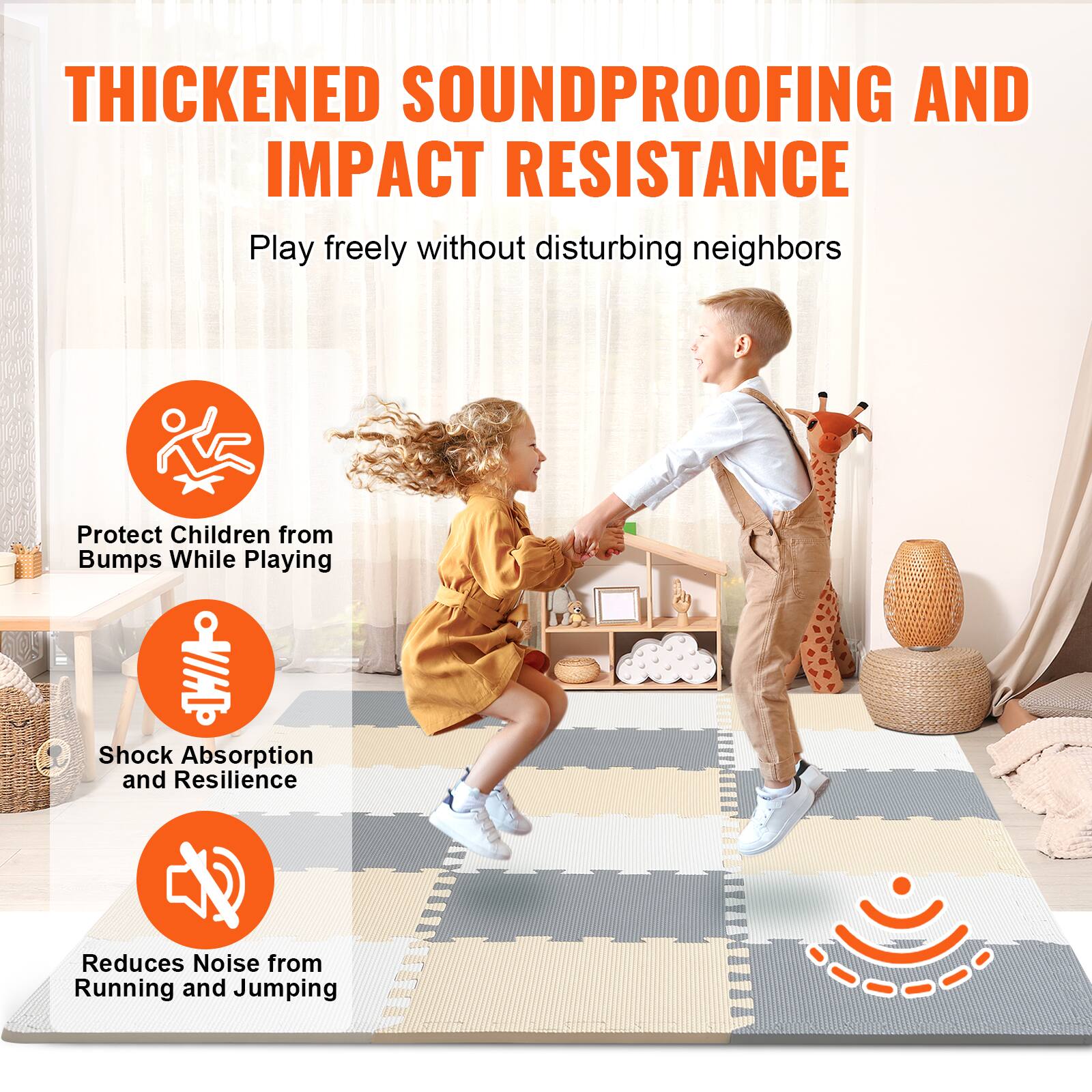 THICKENED SOUNDPROOFING AND IMPACT RESISTANCE

Play freely without disturbing neighbors

Protect Children from Bumps While Playing

Shock Absorption and Resilience

Reduces Noise from Running and Jumping