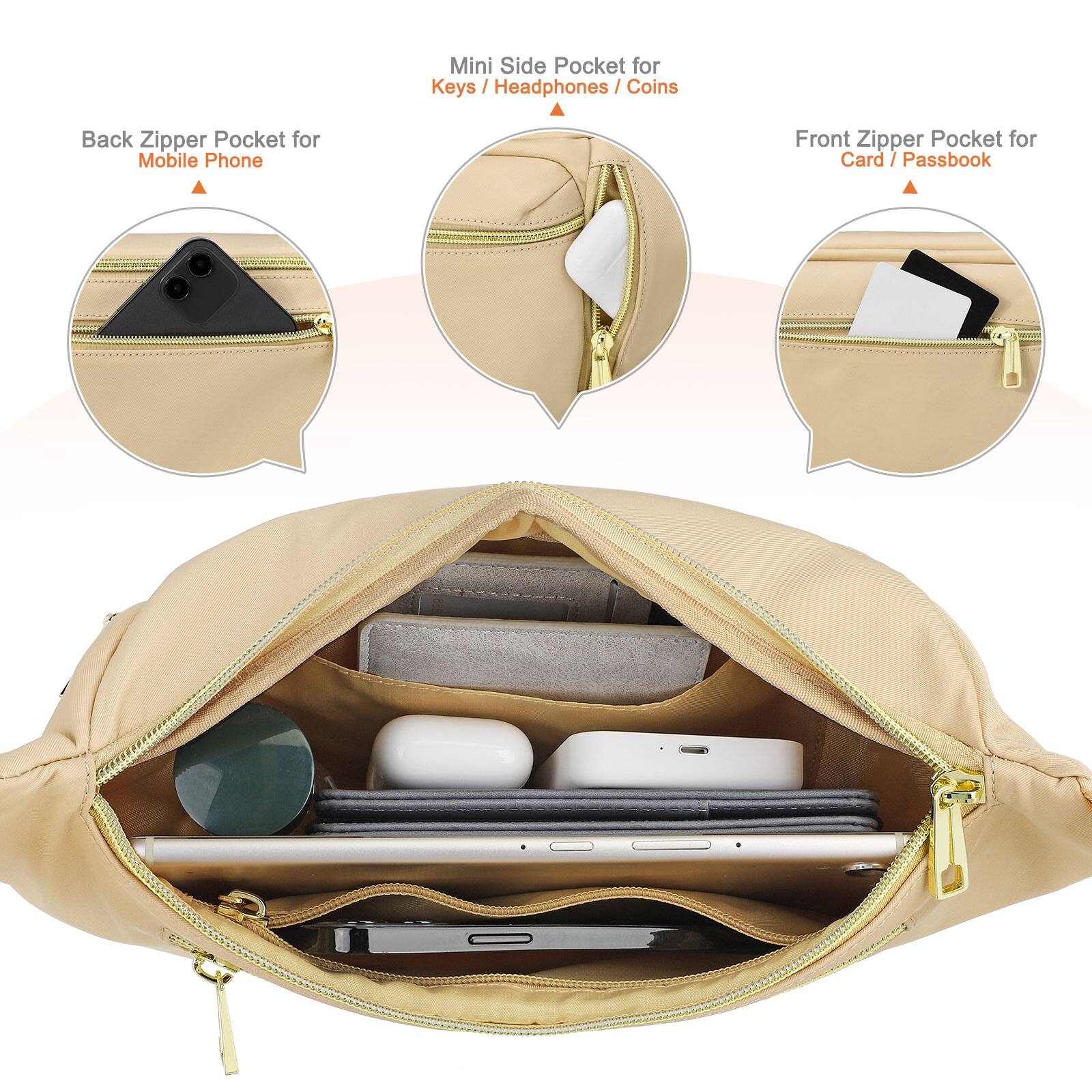 - Mini Side Pocket for Keys / Headphones / Coins
- Back Zipper Pocket for Mobile Phone
- Front Zipper Pocket for Card / Passbook