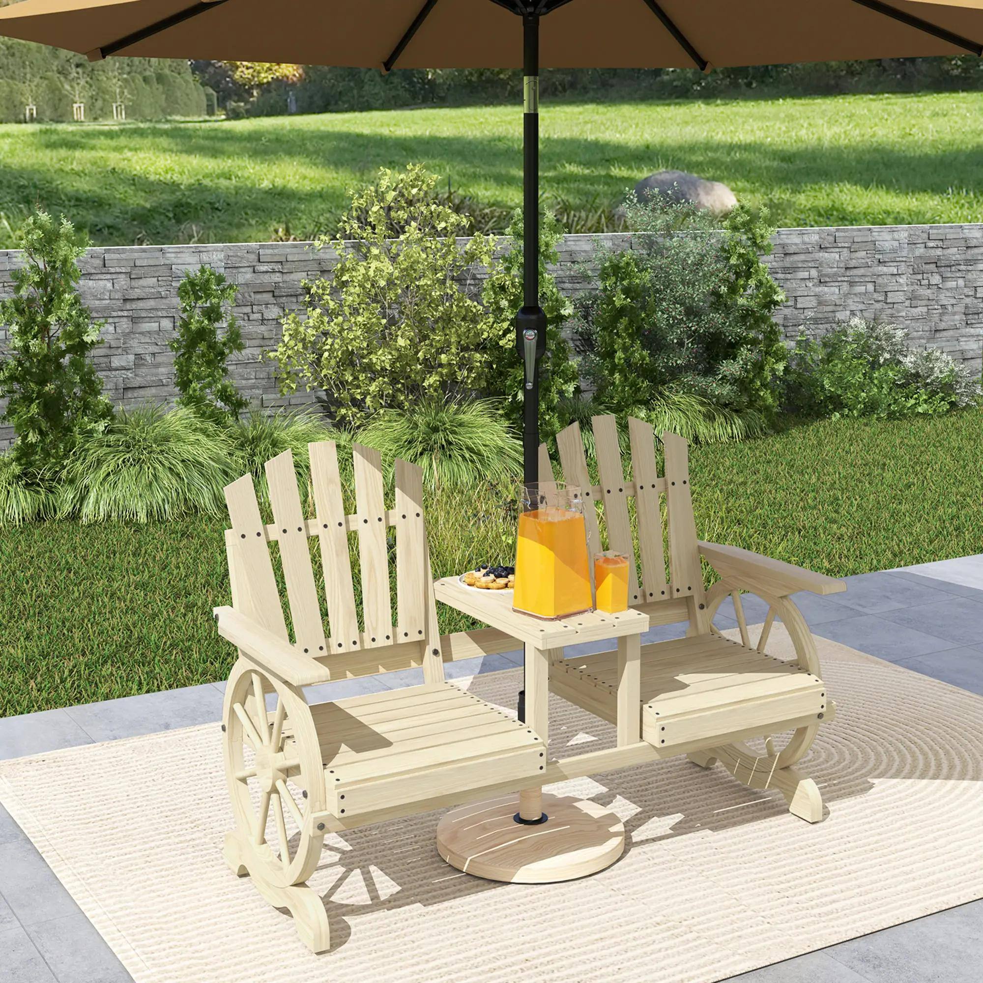 Back. Resenkos - Resenkos Outdoor Bench with Table & Umbrella Hole, High-Back, Armrests, Perfect for Patio & Garden,Natural Wood - Natural Wood.