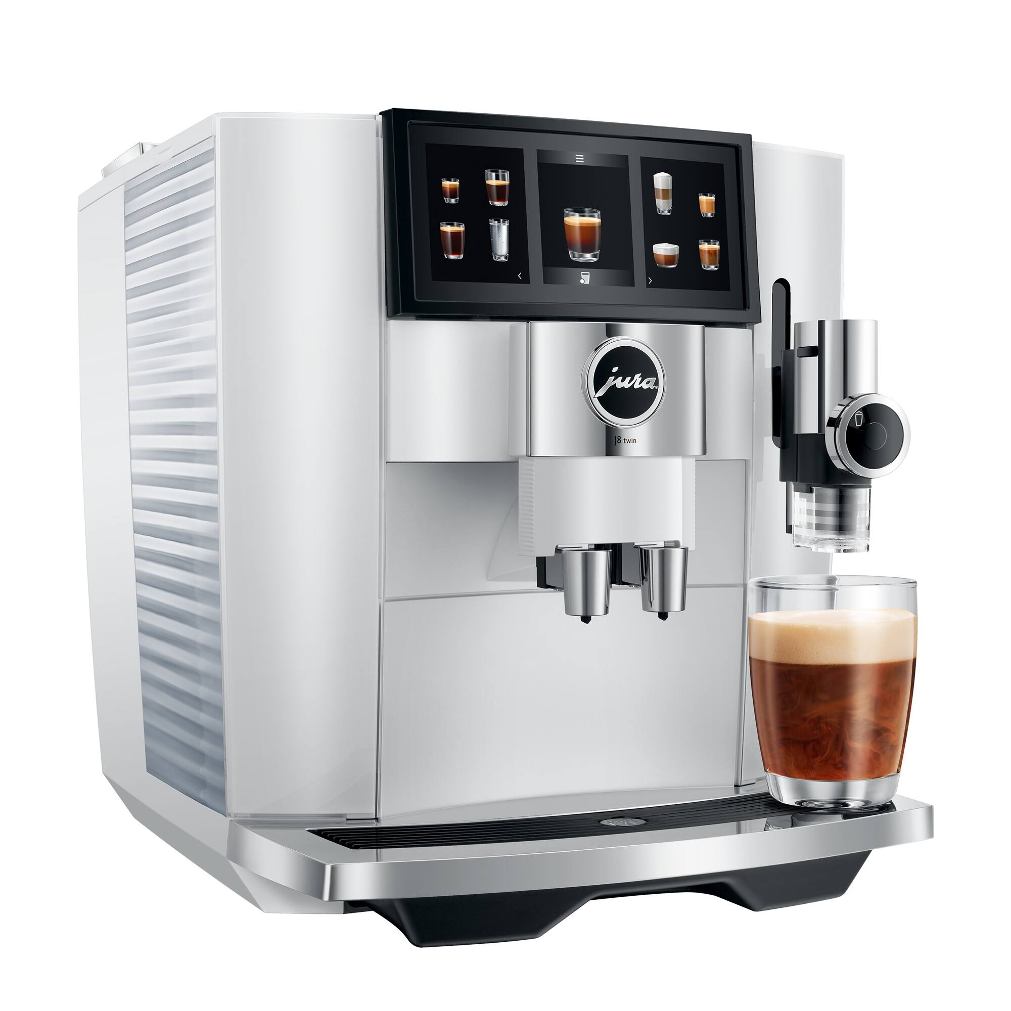 A Jura coffee machine is shown in the image, with a cup of coffee being poured into it.