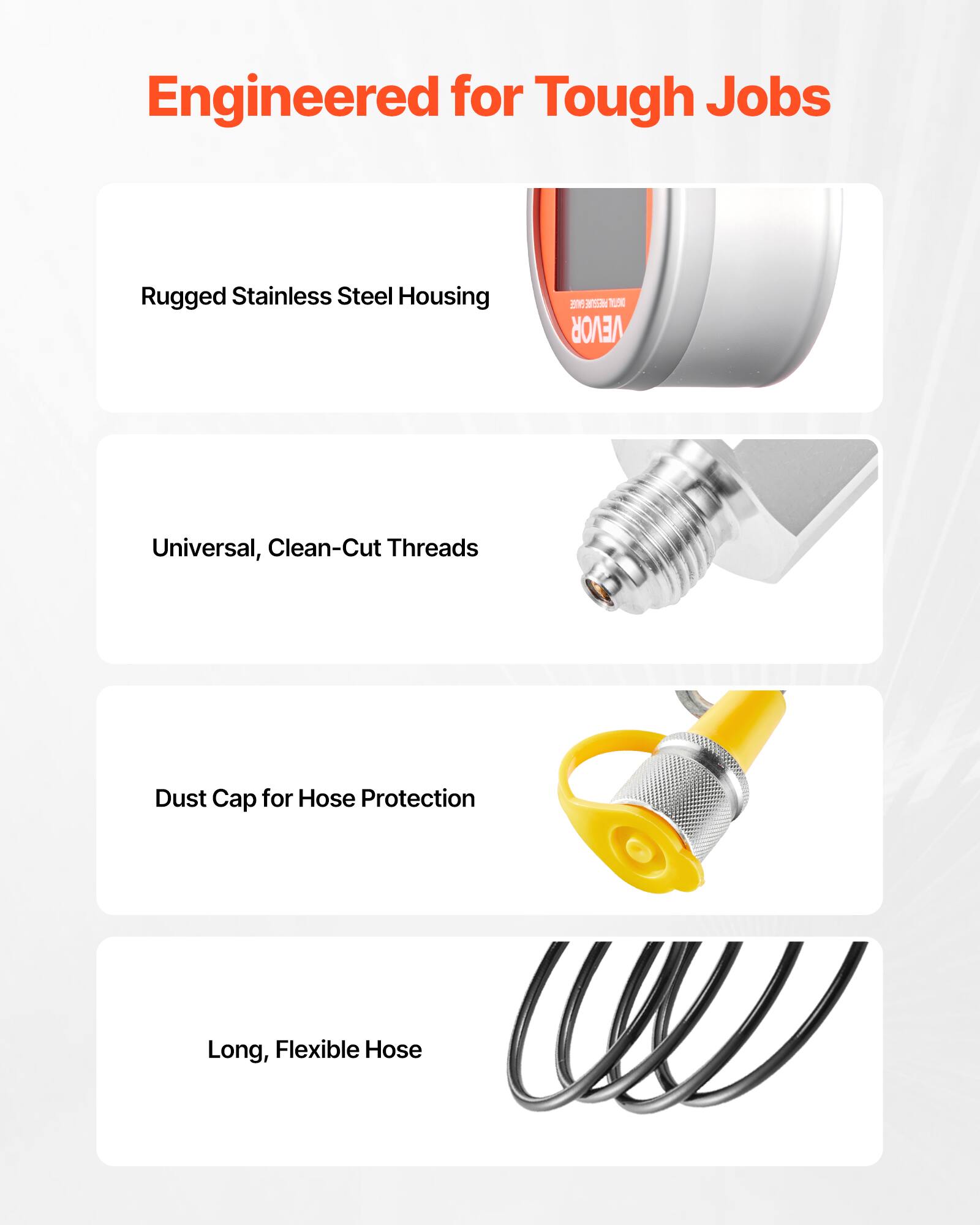 Engineered for Tough Jobs

- Rugged Stainless Steel Housing
- Universal, Clean-Cut Threads
- Dust Cap for Hose Protection
- Long, Flexible Hose