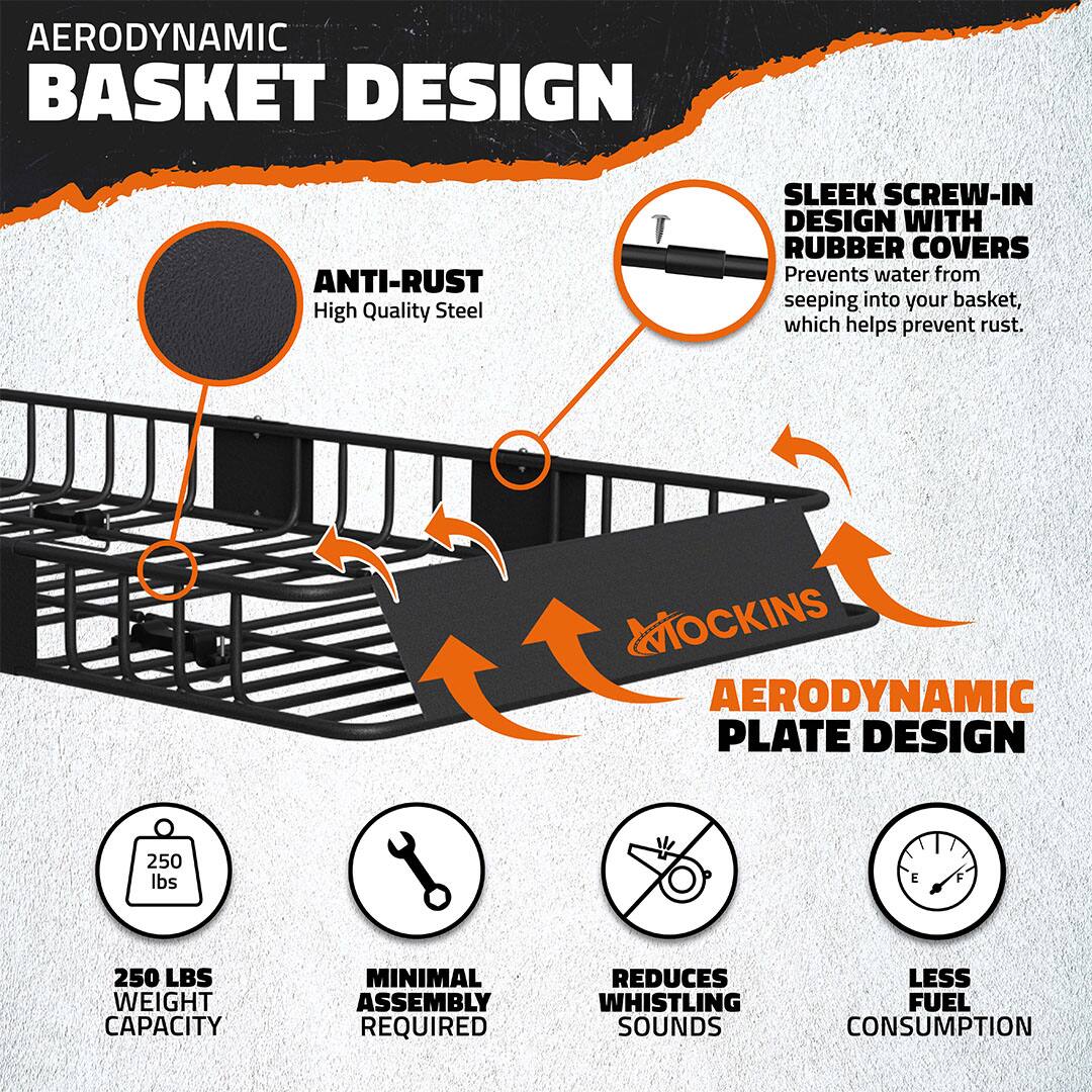 AERODYNAMIC BASKET DESIGN

- ANTI-RUST
  - High Quality Steel

- SLEEK SCREW-IN DESIGN WITH RUBBER COVERS
  - Prevents water from seeping into your basket, which helps prevent rust.

- AERODYNAMIC PLATE DESIGN

- 250 LBS WEIGHT CAPACITY

- MINIMAL ASSEMBLY REQUIRED

- REDUCES WHISTLING SOUNDS

- LESS FUEL CONSUMPTION