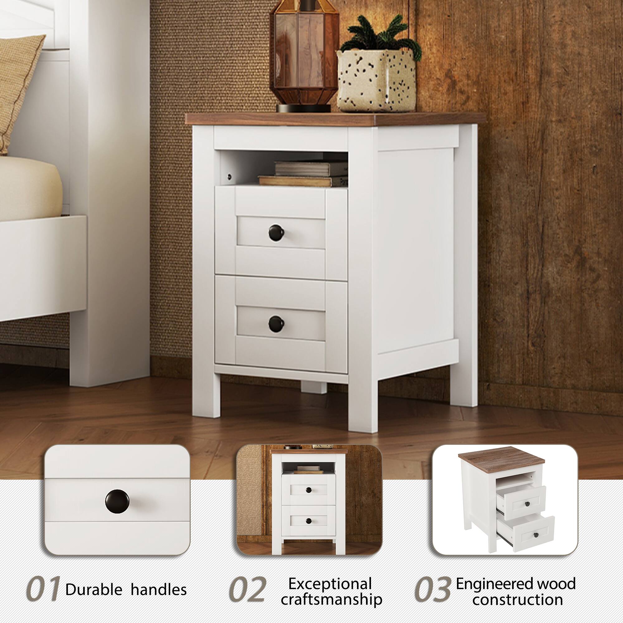 01 Durable handles  
02 Exceptional craftsmanship  
03 Engineered wood construction