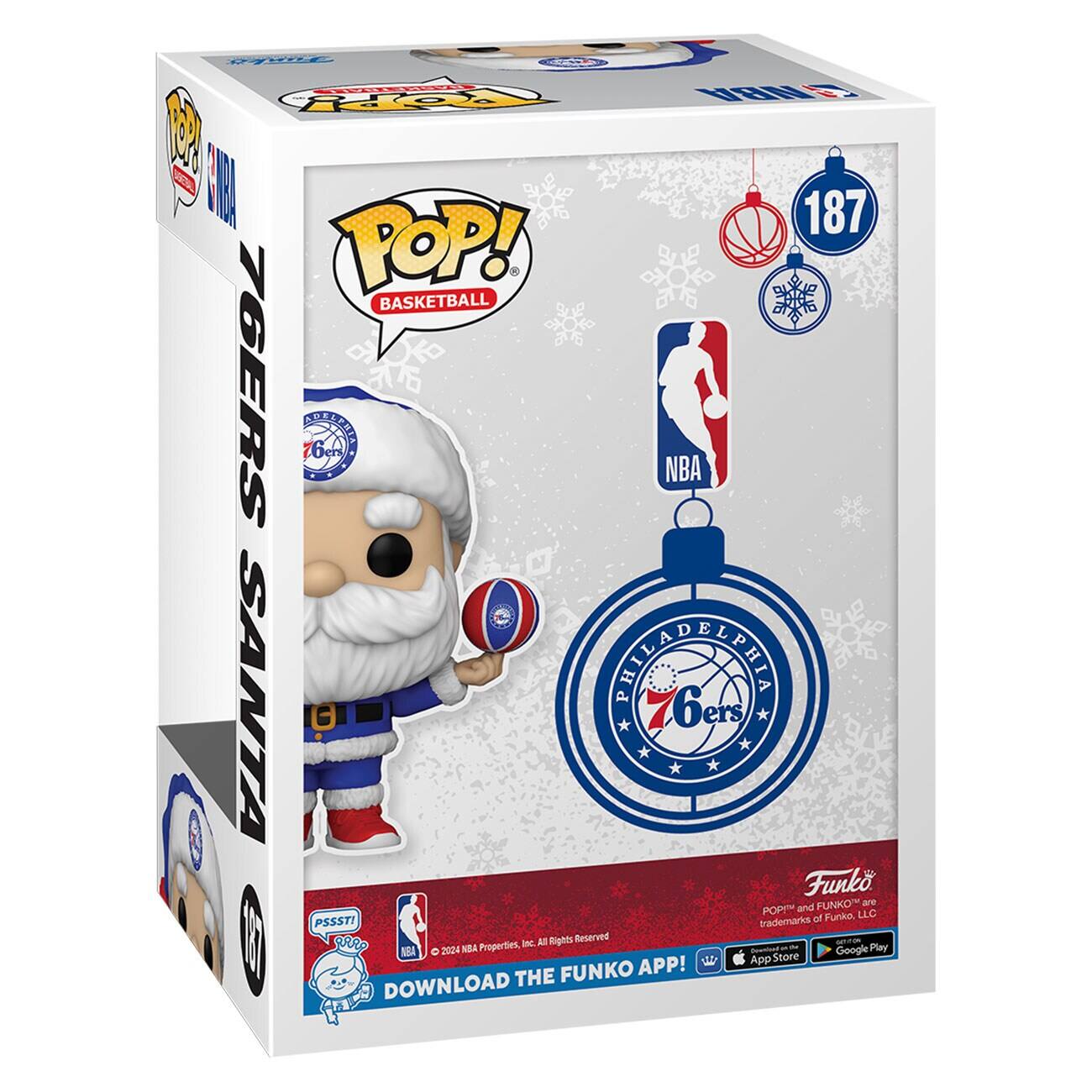 Sure, here is the corrected and grouped text from the image:

---

**Front:**

- POP! BASKETBALL
- 76ERS SANTA
- 187
- NBA
- PHILADELPHIA 76ers
- FUNKO
- POP! and FUNKO are trademarks of Funko, LLC
- © 2024 NBA Properties, Inc. All Rights Reserved
- DOWNLOAD THE FUNKO APP!
- App Store
- Google Play

**Side:**

- POP! BASKETBALL
- 76ERS SANTA
- 187

**Top:**

- POP! BASKETBALL
- 76ERS SANTA
- 187

**Bottom:**

- PSSST! FUNKO
- © 2024 NBA Properties, Inc. All Rights Reserved
- DOWNLOAD THE FUNKO APP!
- App Store
- Google Play

---