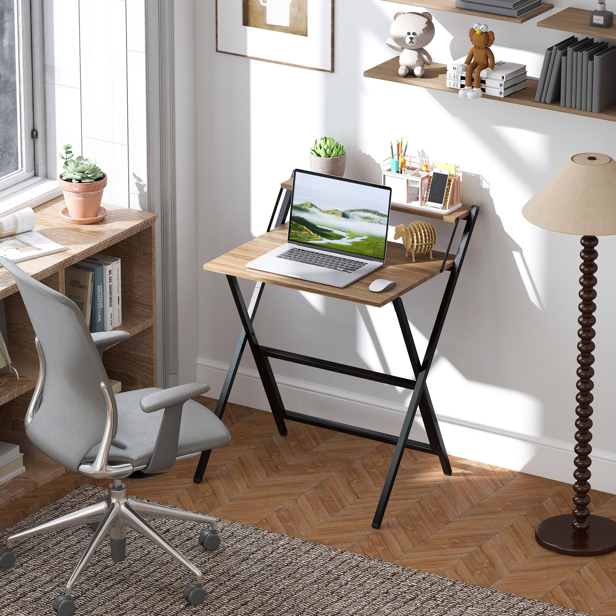 Alt View 1. Homcom - Small Folding Desk, 27.6 Inch Foldable Computer Desk with Monitor Shelf, Space Saving Portable Writing Table - Walnut.