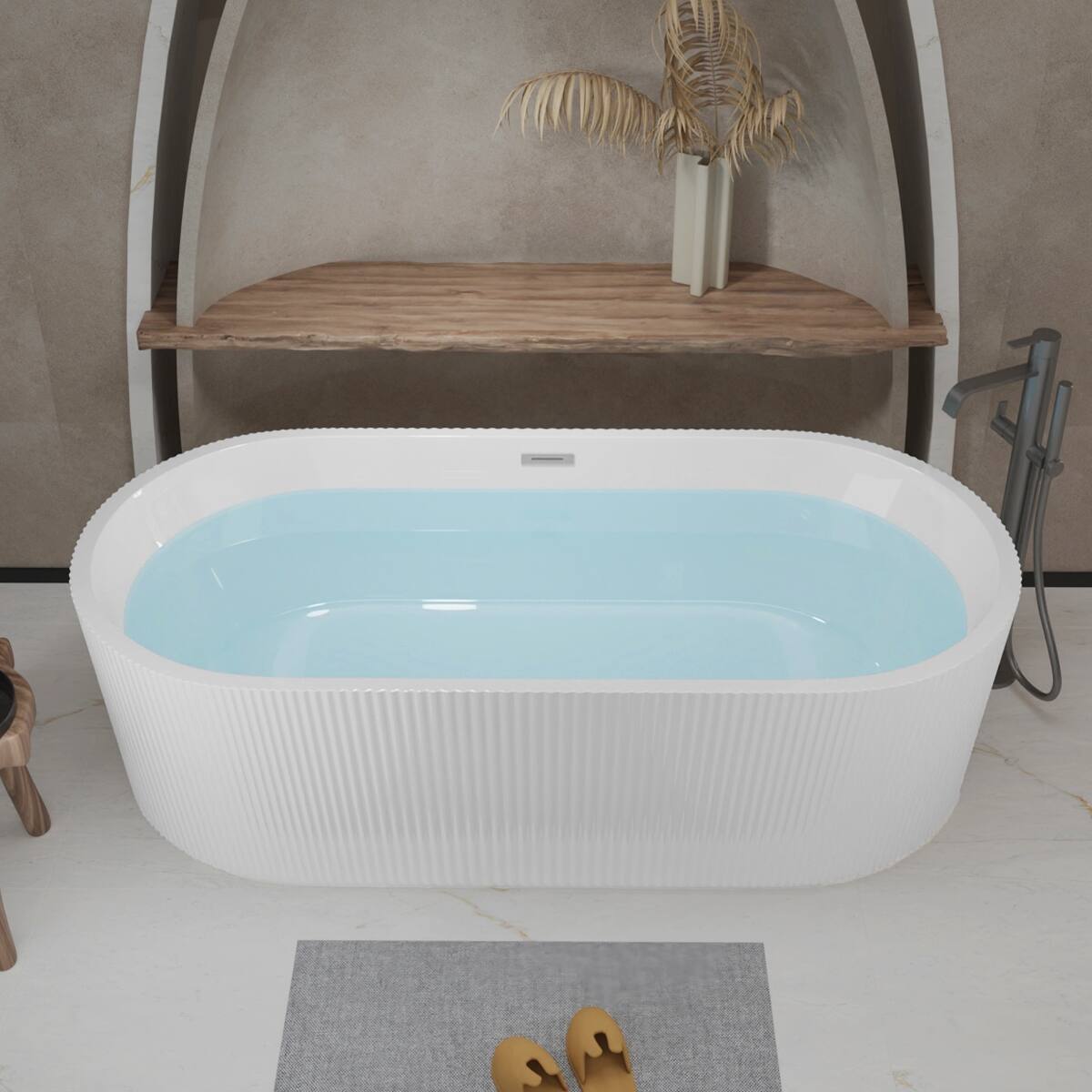 Left. Loheer - Loheer 67 Inch Freestanding Acrylic Bathtub Gloss White Oval Soaking Tub with Center Drain and Chrome Overflow - Gloss White.