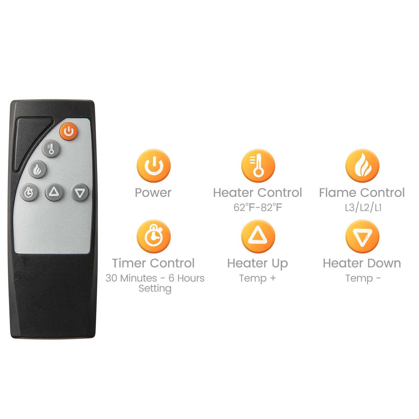 - Power
- Heater Control 62°F-82°F
- Flame Control 13/12/11
- Timer Control 30 Minutes - 6 Hours Setting
- Heater Up Temp +
- Heater Down Temp -