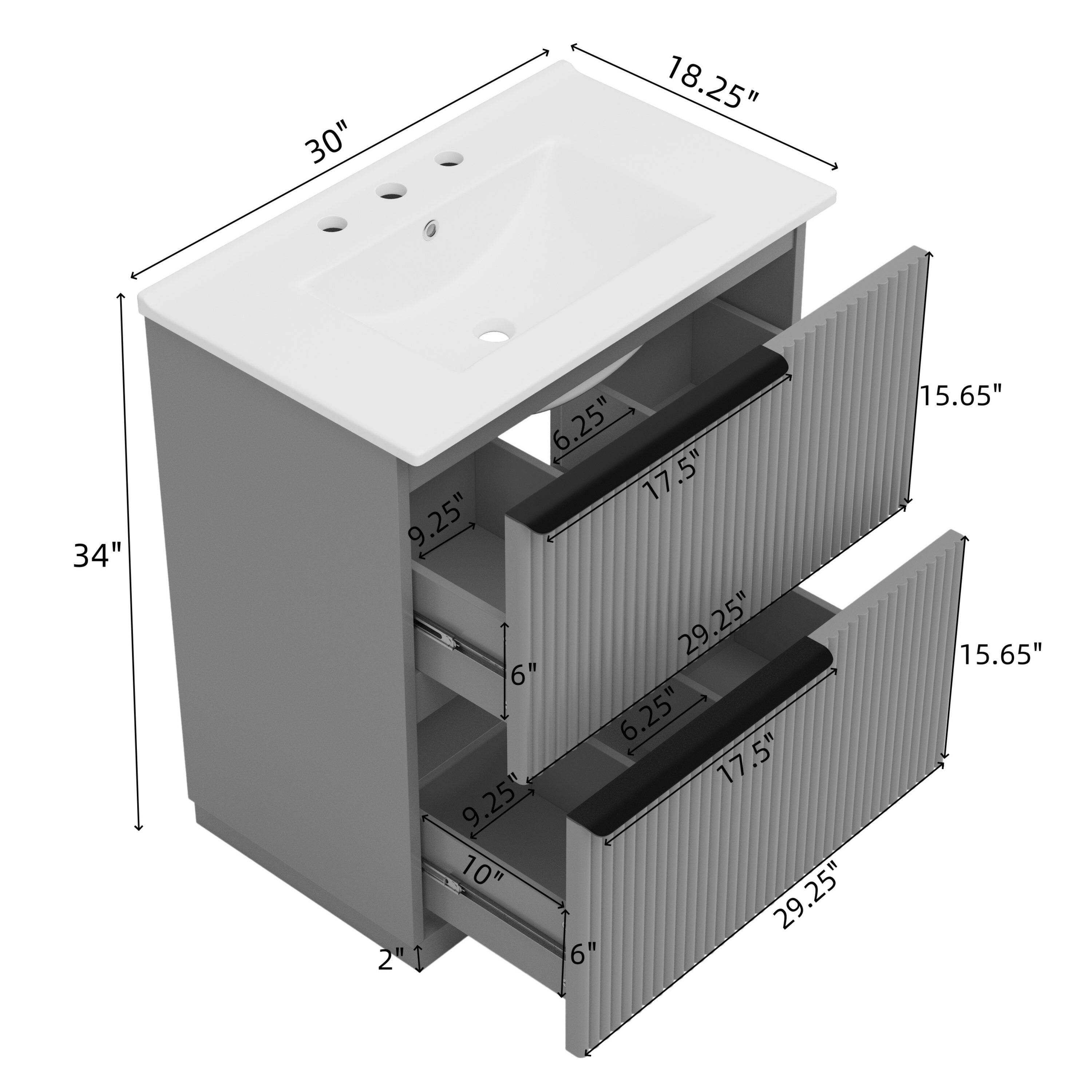 30"  
18.25"  
34"  
6.25"  
17.5"  
9.25"  
29.25"  
6"  
6.25"  
17.5"  
9.25"  
10"  
29.25"  
2"  
6"  
15.65"  
15.65"