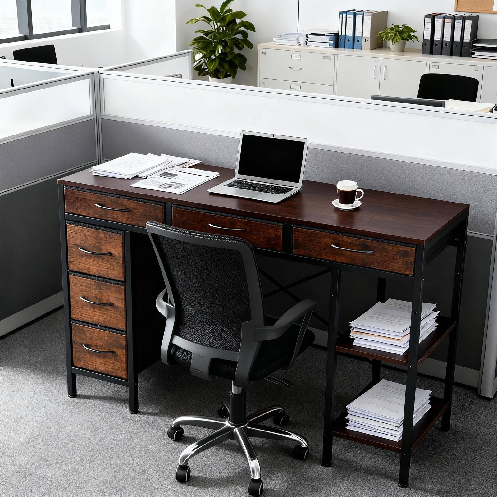 Alt View 1. Bestier - 55-inch Computer Desk with 6 Fabric Drawers, Adjustable Storage Shelf,Metal Desk for Home Office & Gaming - brown.