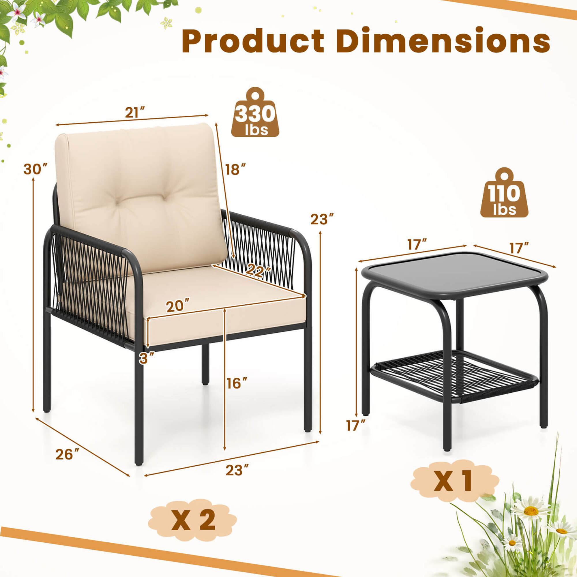 Product Dimensions

- Chair:
  - Height: 30"
  - Width: 21"
  - Depth: 23"
  - Seat Height: 18"
  - Seat Depth: 20"
  - Armrest Height: 22"
  - Armrest Width: 16"
  - Base Width: 26"
  - Base Depth: 23"
  - Weight Capacity: 330 lbs
  - Quantity: X2

- Table:
  - Height: 17"
  - Width: 17"
  - Depth: 17"
  - Weight Capacity: 110 lbs
  - Quantity: X1