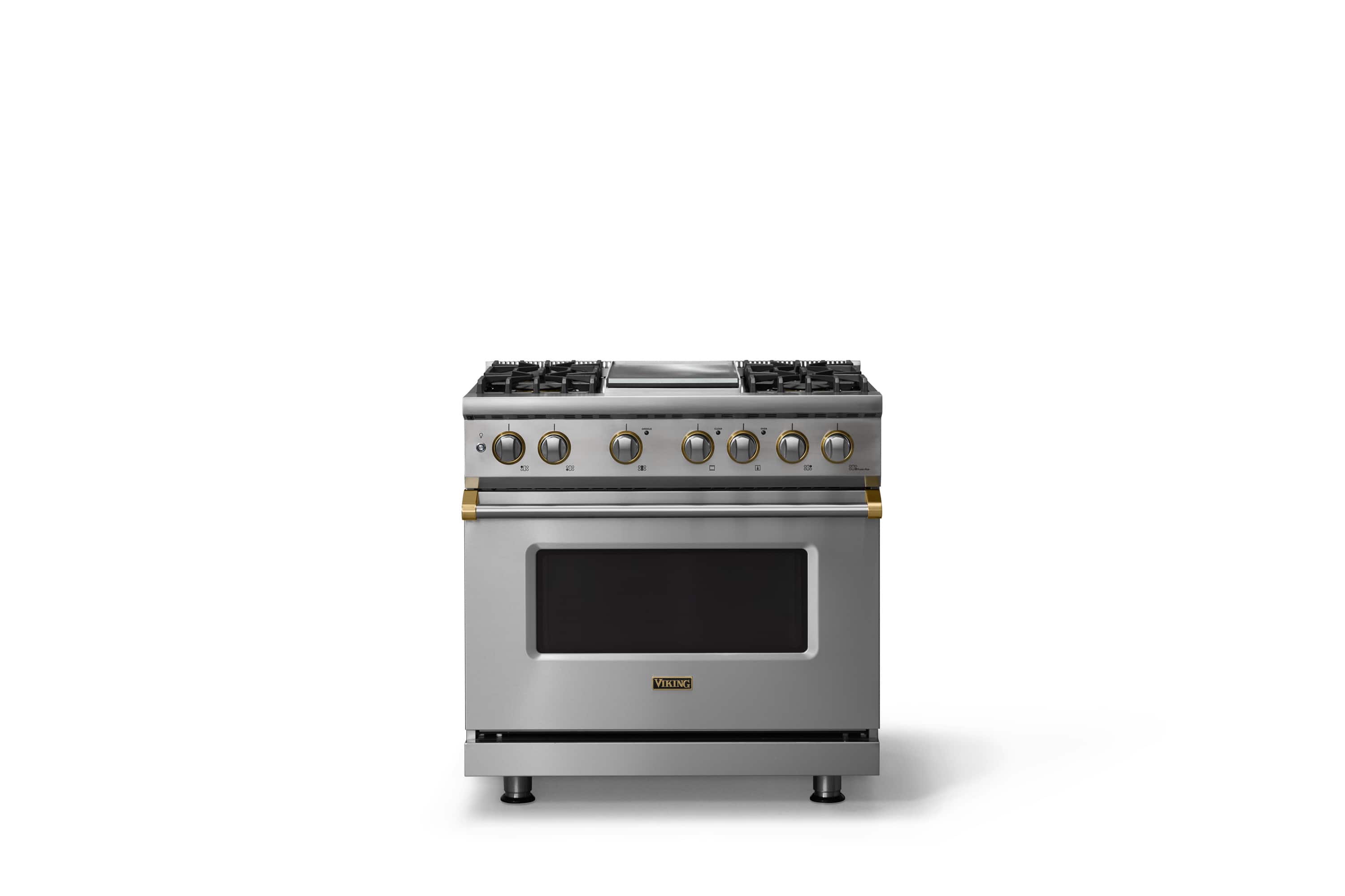 Viking - 36"W. Pro5S 5.6 Cu. Ft. Freestanding Self-Clean Sealed 4B Dual Fuel Convection Range/Grdl-Stainless Steel/Brushed Brass - Stainless Steel