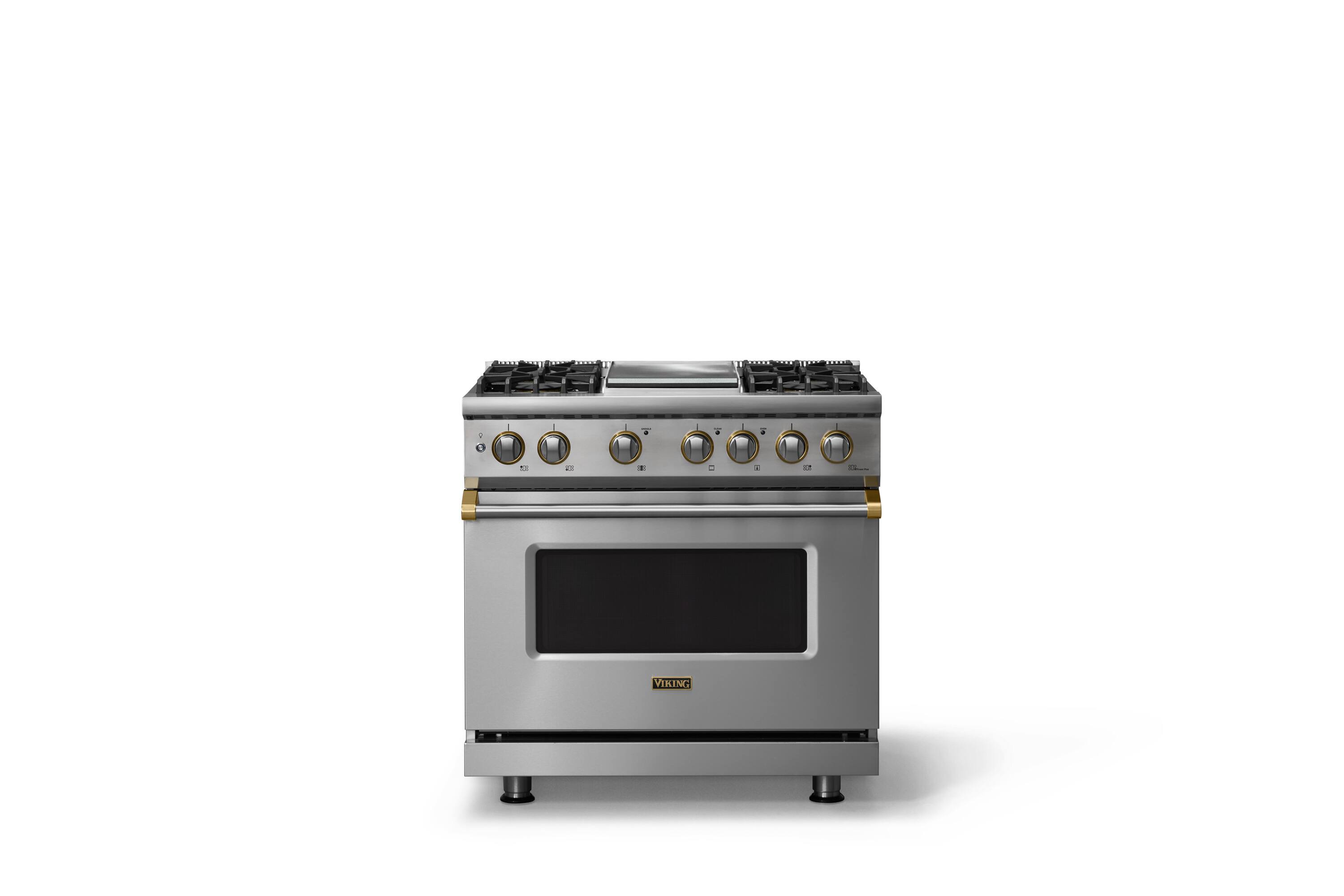 Front. Viking - 36"W. Pro5S 5.6 Cu. Ft. Freestanding Self-Clean Sealed 4B Dual Fuel Convection Range/Grdl-Stainless Steel/Brushed Brass - Stainless Steel.