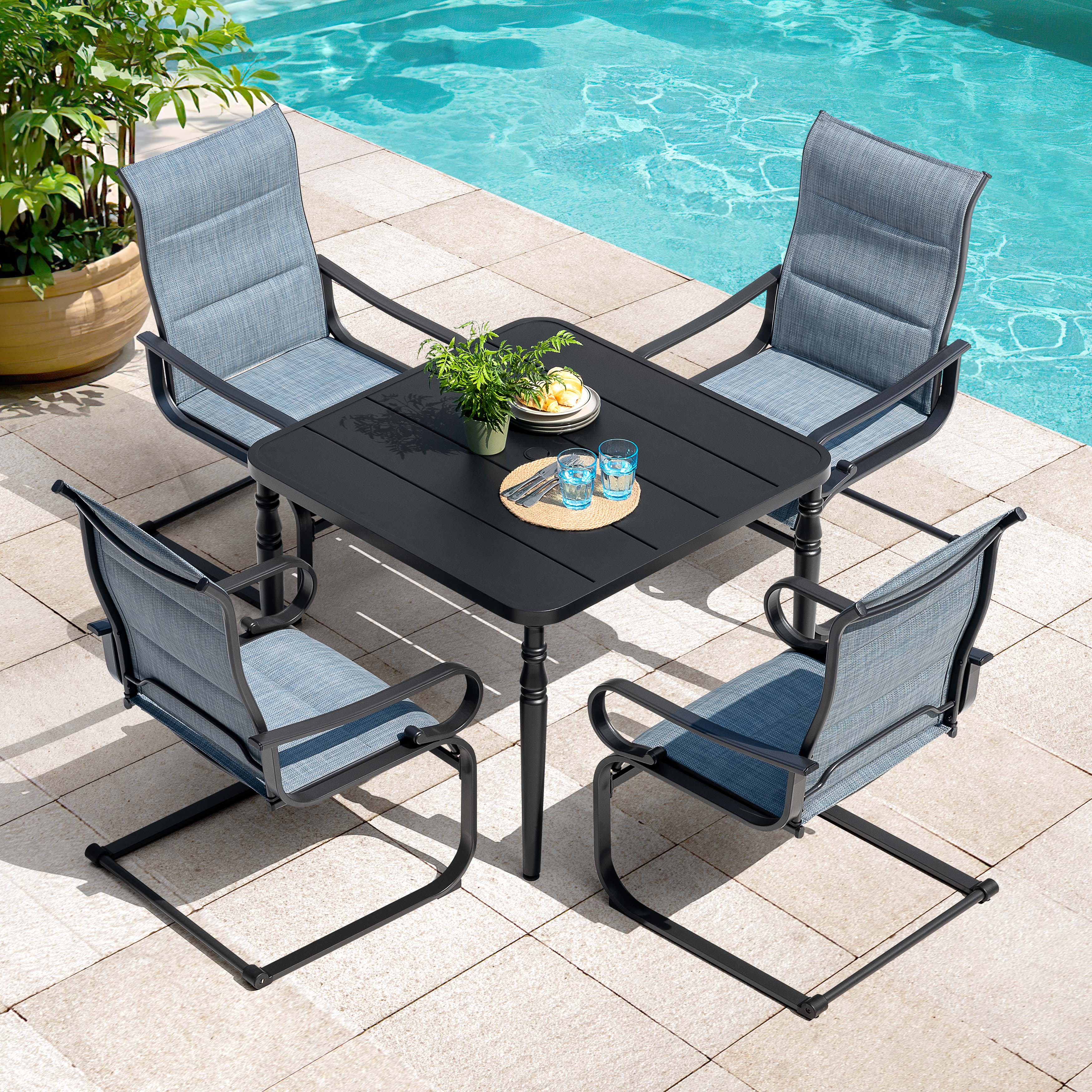 Alt View 1. Nuu Garden - 5-Piece Patio Outdoor Padded Textilene Metal Dining Set with Umbrella Hole - Black and Blue.