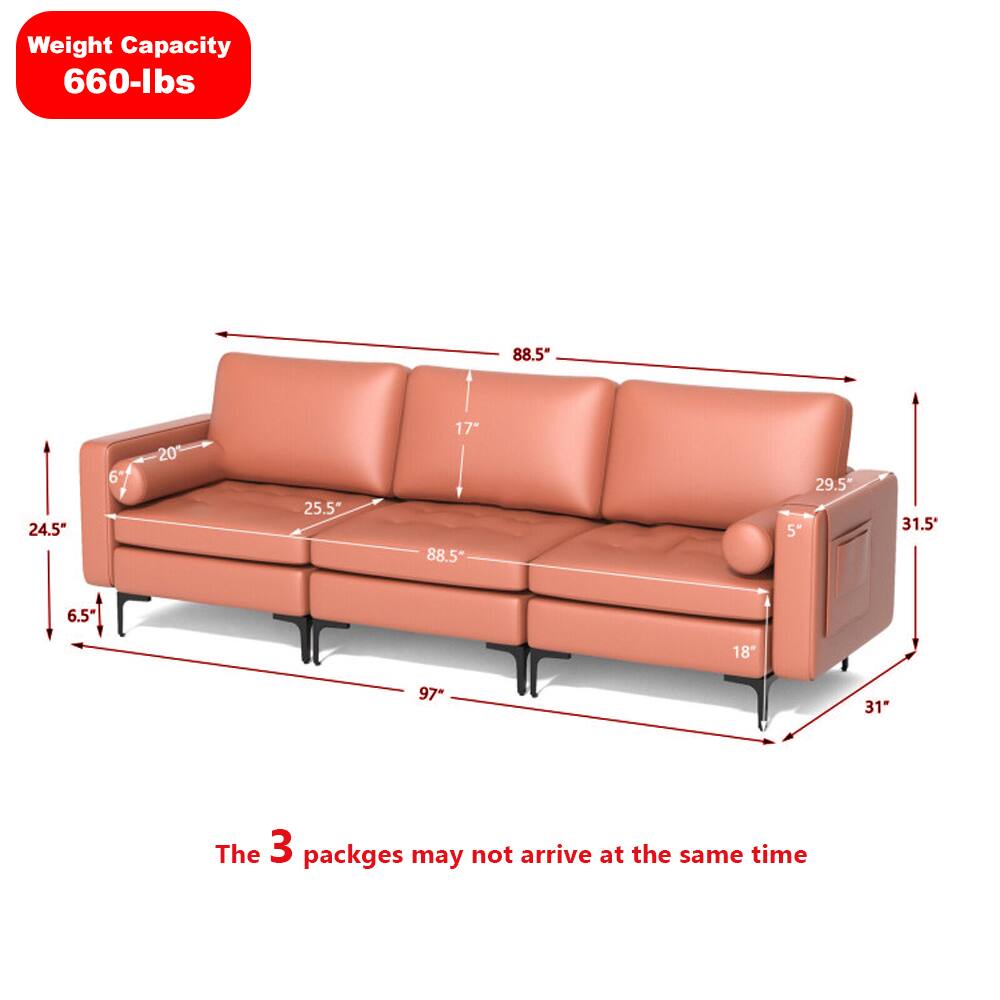 Weight Capacity: 660-lbs

Dimensions:
- Length: 97"
- Width: 31"
- Height: 31.5"
- Seat Height: 5"
- Seat Depth: 29.5"
- Armrest Height: 20"
- Armrest Width: 6.5"
- Back Height: 17"
- Back Width: 88.5"
- Seat Width: 88.5"
- Seat Depth: 25.5"

Note: The 3 packages may not arrive at the same time.