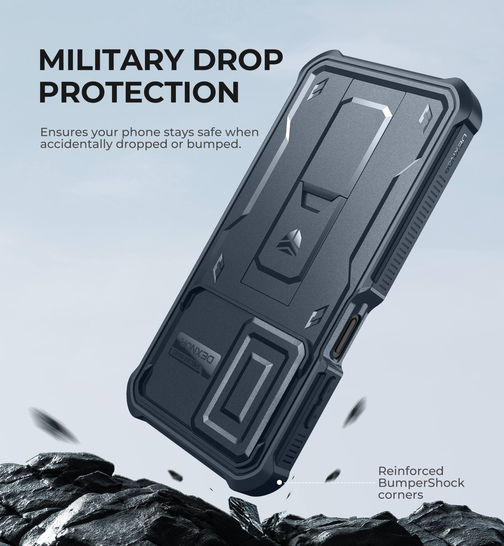 MILITARY DROP PROTECTION  
Ensures your phone stays safe when accidentally dropped or bumped.  

Reinforced BumperShock corners