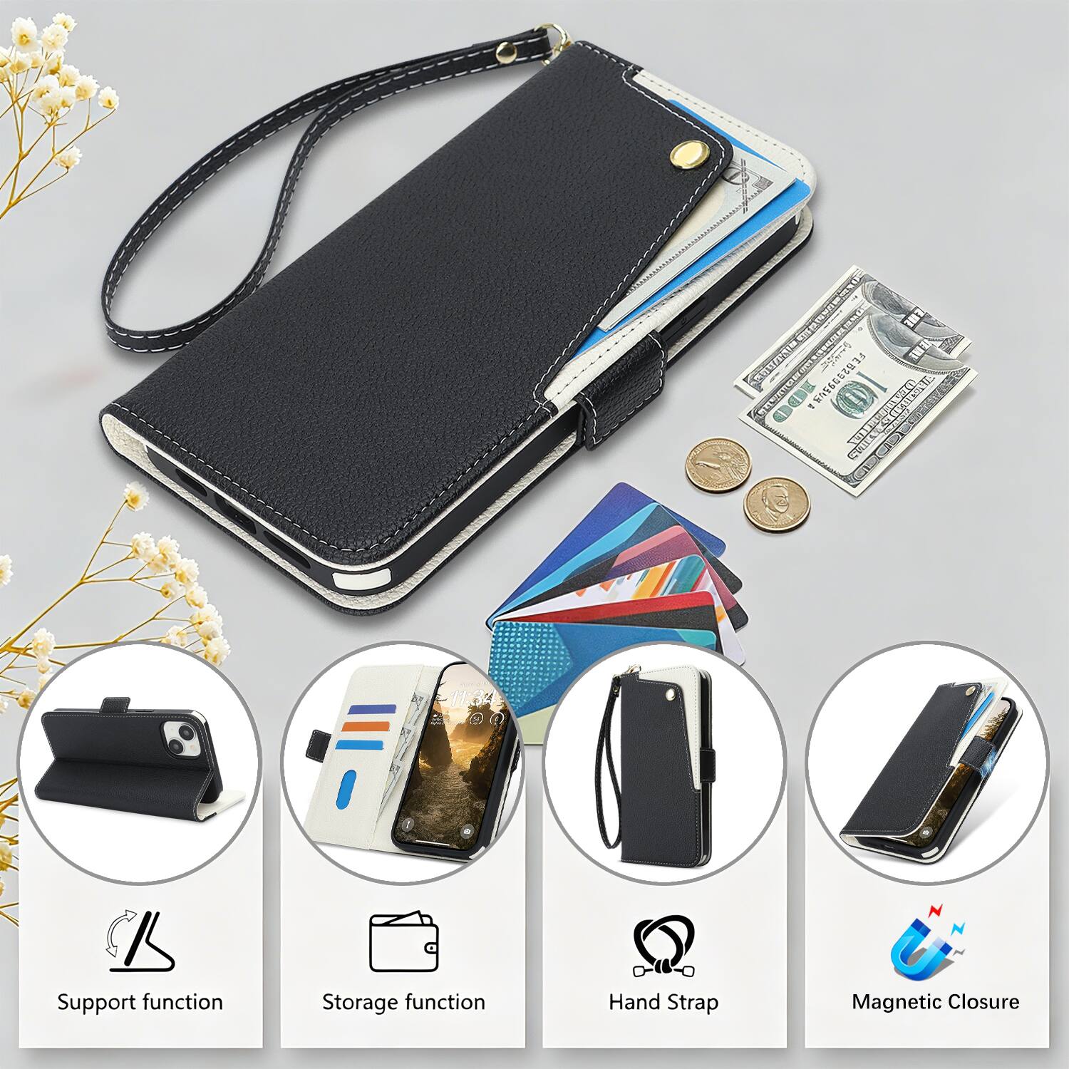 07 nae  
SOU I SR3 S MPUTS NN - EEEE CDSS  
11:34 a m  
Support function  
Storage function  
CW- Hand Strap  
Magnetic Closure