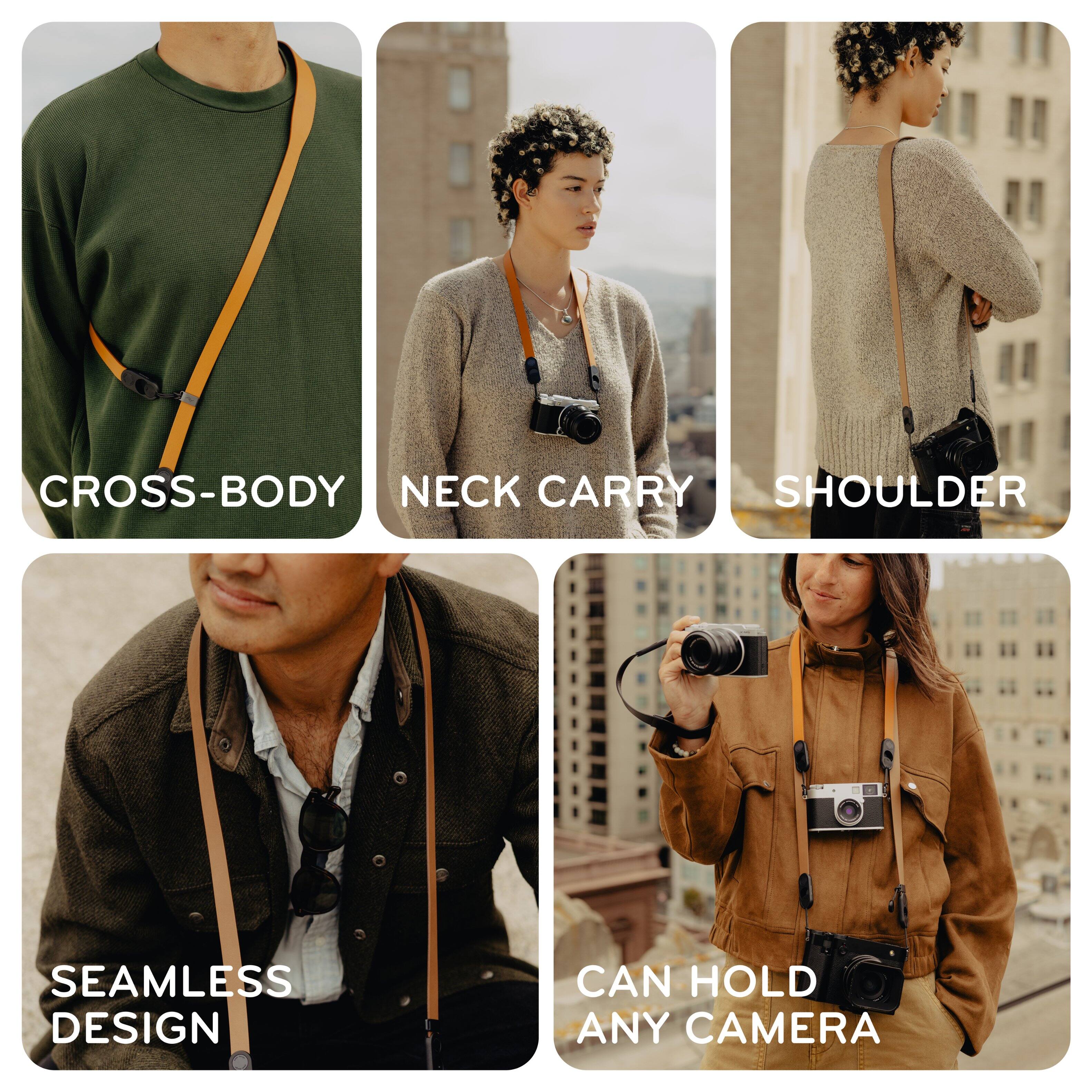CROSS-BODY  
NECK CARRY  
SHOULDER  
SEAMLESS DESIGN  
CAN HOLD ANY CAMERA