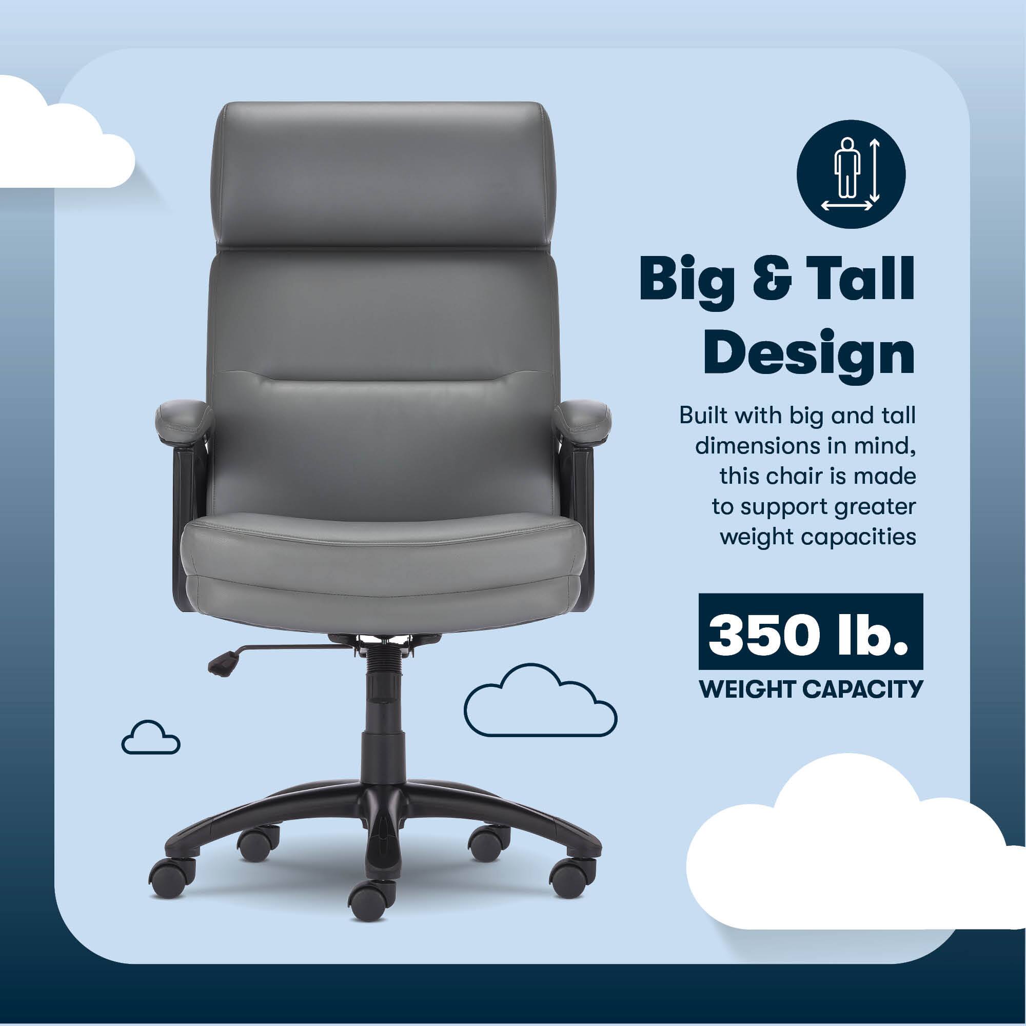 The image features a large chair with a weight capacity of 350 lbs. It is designed with big and tall dimensions in mind, providing support and comfort for individuals who require a more substantial chair. The chair is built to handle the additional weight and is suitable for those who need a more robust seating option.