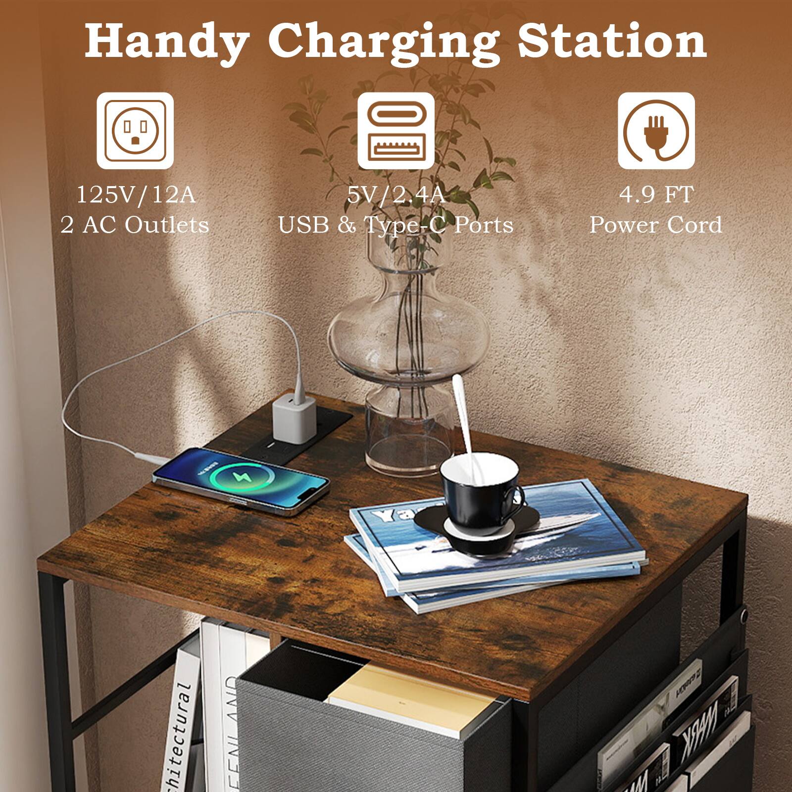 Handy Charging Station

125V/12A  
2 AC Outlets

5V/2.4A  
USB & Type-C Ports

4.9 FT  
Power Cord