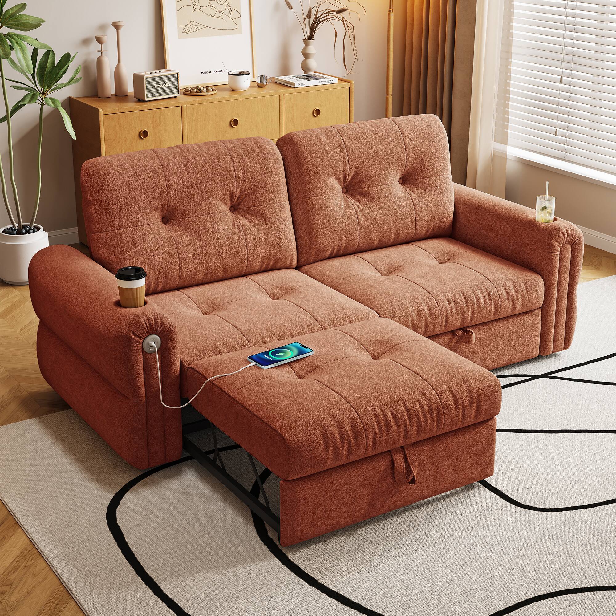 Angle. Anysun - 77" Convertible Sofa Bed – 2-in-1 Multifunctional Chenille Sofa, Easy Pull-Out Guest Bed for Living Room, Apartment - Orange.