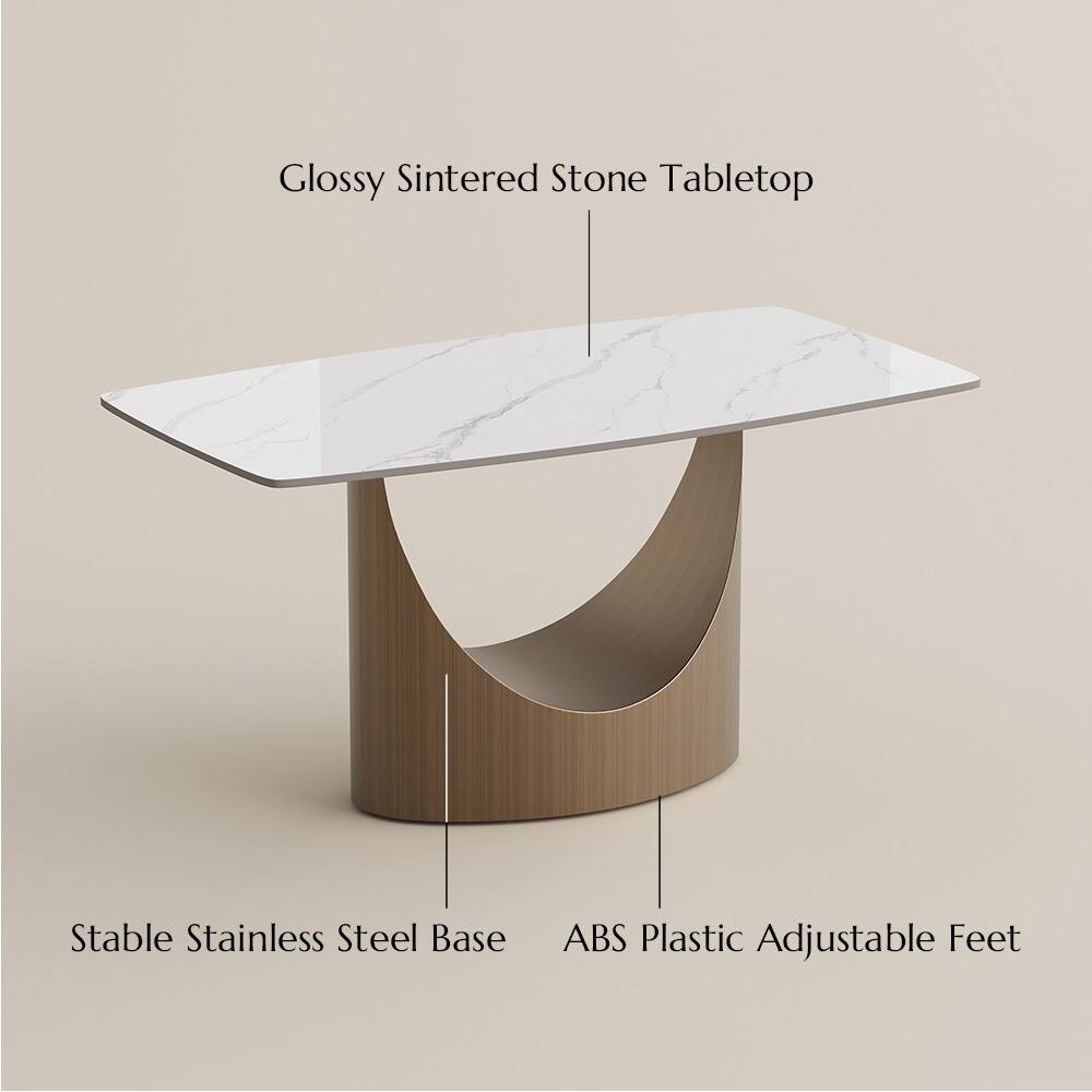 Glossy Sintered Stone Tabletop  
Stable Stainless Steel Base  
ABS Plastic Adjustable Feet
