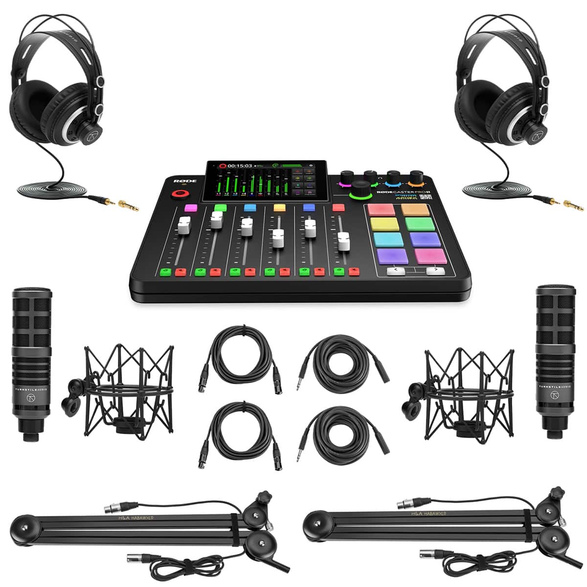 RODE - RODECaster Pro II Production Studio Console, Bundle with 2x Turnstile Audio TAP500 Broadcast Microphones and 2x H&A