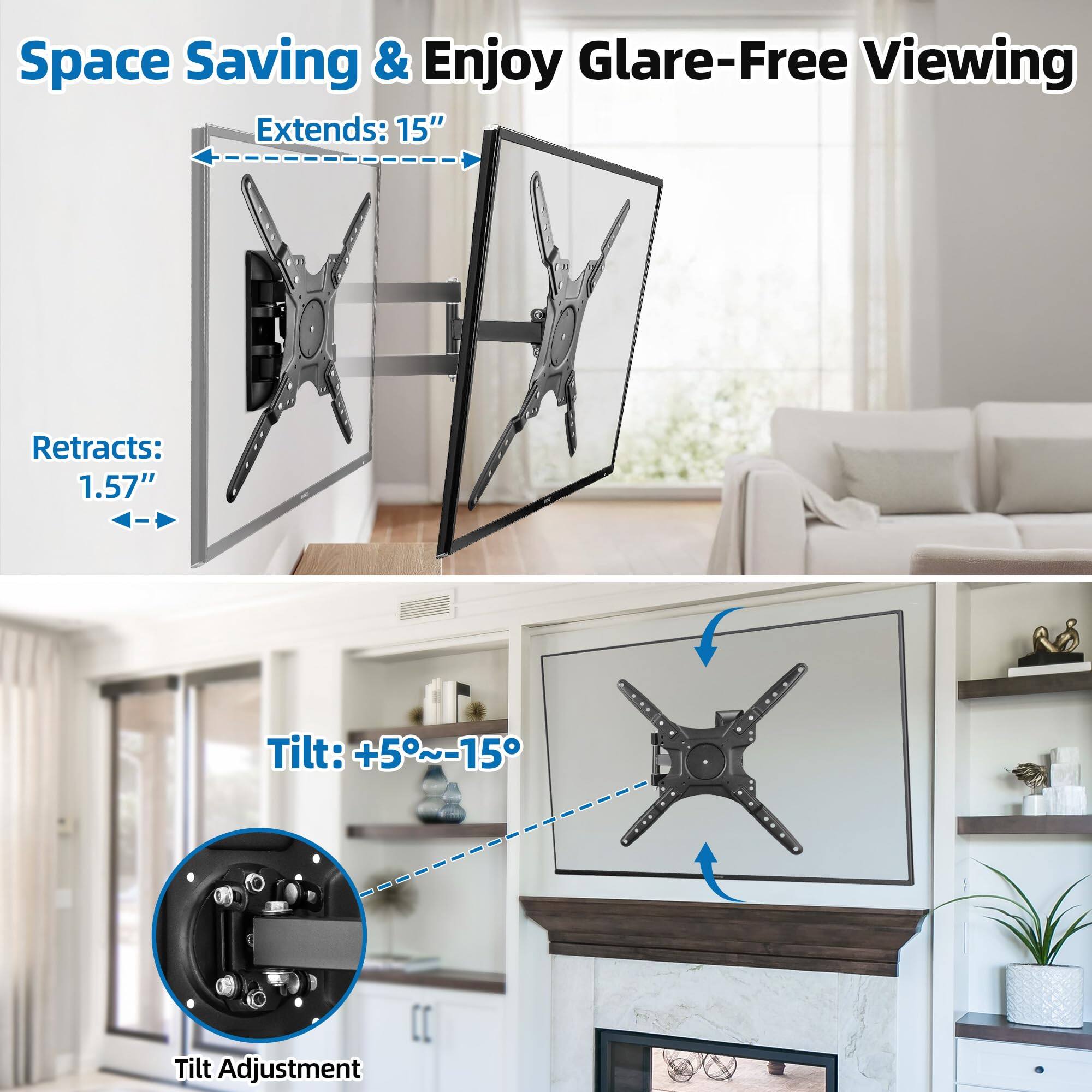 Space Saving & Enjoy Glare-Free Viewing

Extends: 15"
Retracts: 1.57"

Tilt: +5°~-15°

Tilt Adjustment