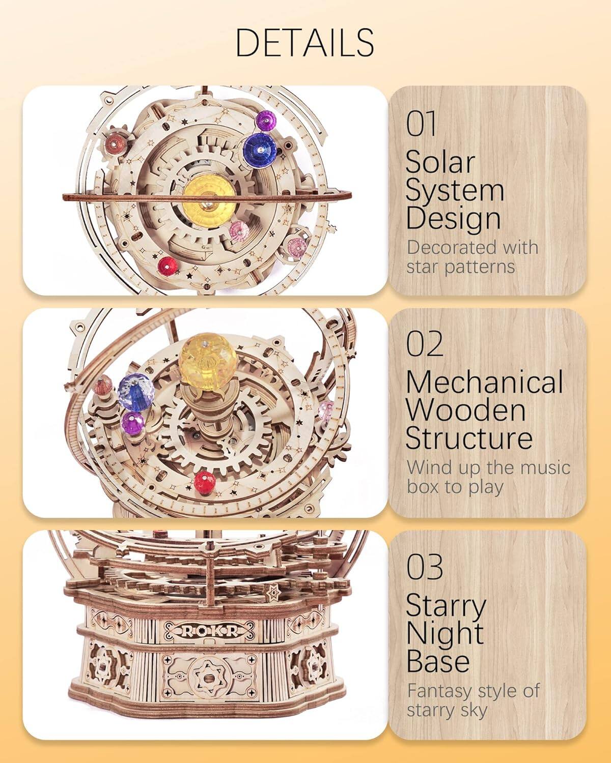 DETAILS

01 Solar System Design  
Decorated with star patterns

02 Mechanical Wooden Structure  
Wind up the music box to play

03 Starry Night Base  
Fantasy style of starry sky