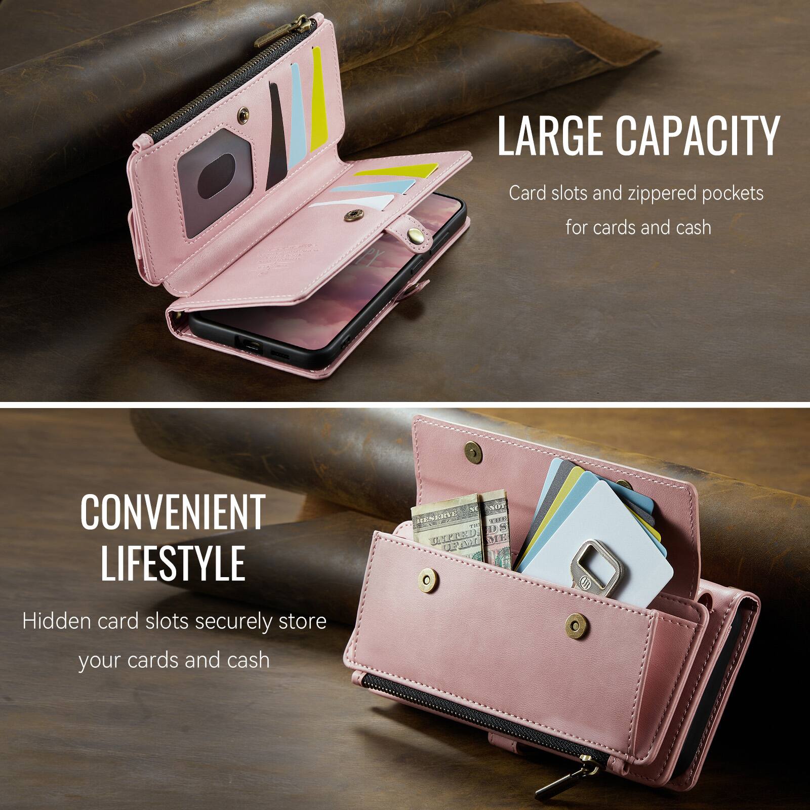 LARGE CAPACITY  
Card slots and zippered pockets for cards and cash

CONVENIENT LIFESTYLE  
Hidden card slots securely store your cards and cash