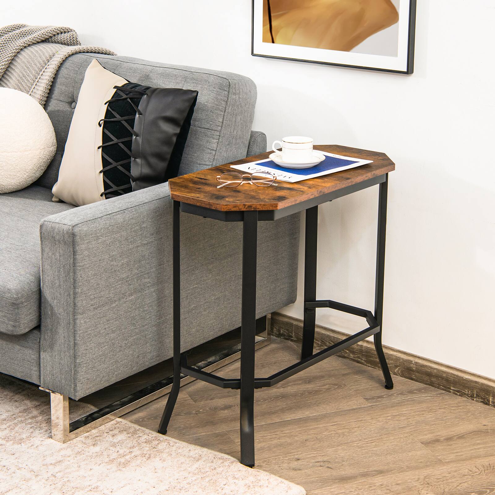 Alt View 1. Ecooso - Narrow End Table with Rustic Wood Grain and Stable Steel Frame - Brown.