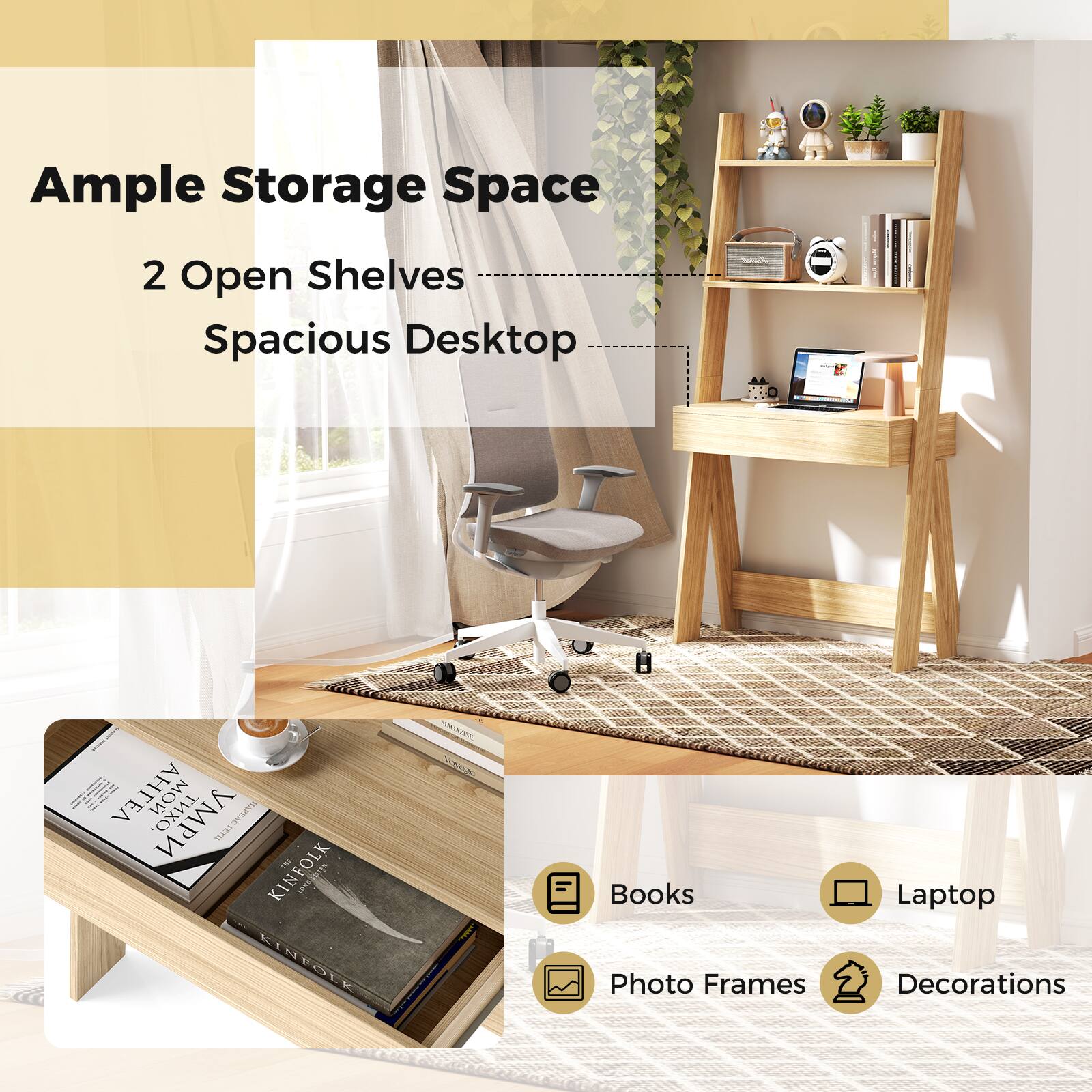 Ample Storage Space 2 Open Shelves Spacious Desktop.
