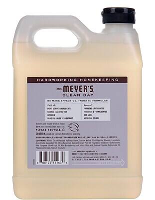 HARDWORKING HOMEKEEPING

Mrs. MEYER'S CLEAN DAY

WE MAKE EFFECTIVE, TRUSTED FORMULAS.

Free of:
PARABENS & PHTHALATES
TRICLOSAN & FORMALDEHYDE
MEA & DEA
BETAFAT ALKYL SULFATES

PLANT-BASED INGREDIENTS
NATURAL ESSENTIAL OILS
GLYCERIN
OIL OF OLIVE & VEGETABLE EXTRACT

Bottles are made with at least 50% post-consumer plastic. PLEASE RECYCLE.

CRITIC: Avoid eye contact. For external use only. If irritation occurs, discontinue use.

CONTAINS: Water, Decyl Glucoside, Sodium Methyl 2-Sulfolaurate, Decyl Glucoside, Lavandula Angustifolia (Lavender) Oil, Citrus Aurantium Dulcis (Orange) Oil, Fragrance, Polyquaternium-21, Citric Acid, Sodium Citrate, Polyquaternium-7, Phenoxyethanol, Sodium Benzoate, Potassium Sorbate, Sodium Citrate.

LASTS AT LEAST 9